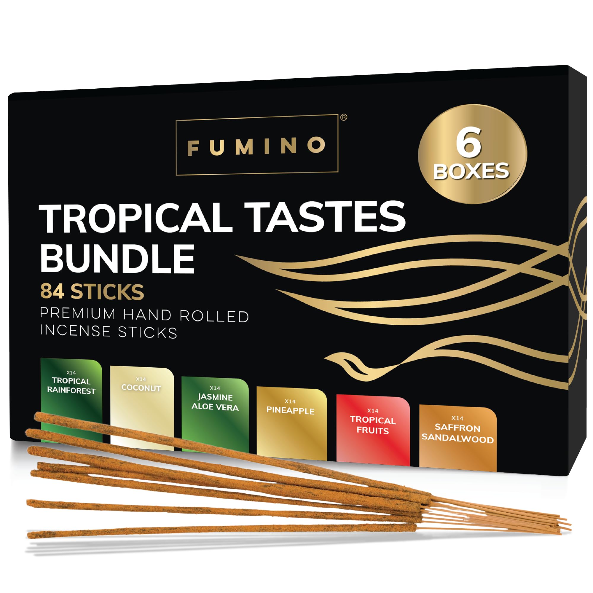 Incense Sticks Fumino Fresh Handmade Multipack Tropical Tastes Bundle 6 Boxes 84 Pieces (90g) Masala Agarbatti Joss Scent Fragrance for Relaxation and Meditation, Home and House Decor