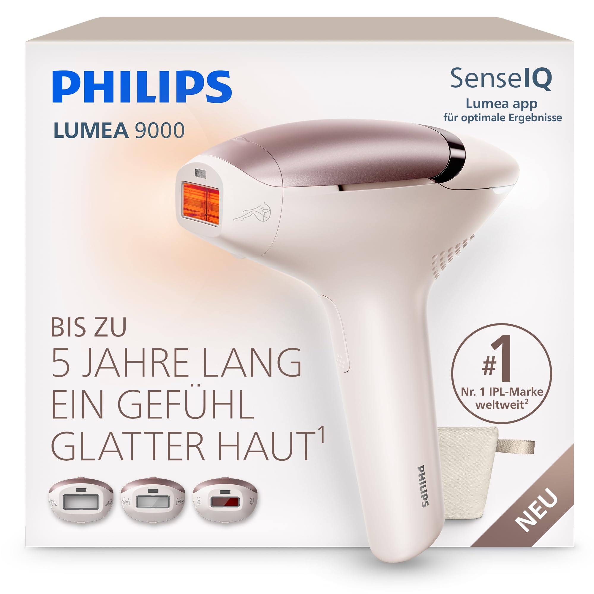 Philips Lumea 9000 IPL-Haarentfernungsgerät - Bis zu 5 Jahre lang ein Gefühl glatter Haut¹, Anwendung zu Hause, 3 Aufsätze: Körper, Gesicht, empfindliche Stellen, BRI938/00