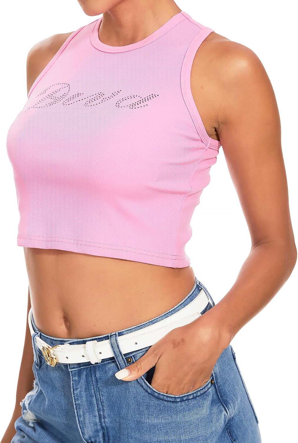 LQI Round Neck Racerback Tank Top Y2K Slim Fit Crop Top Pink Tops for Women Girls - Image 2