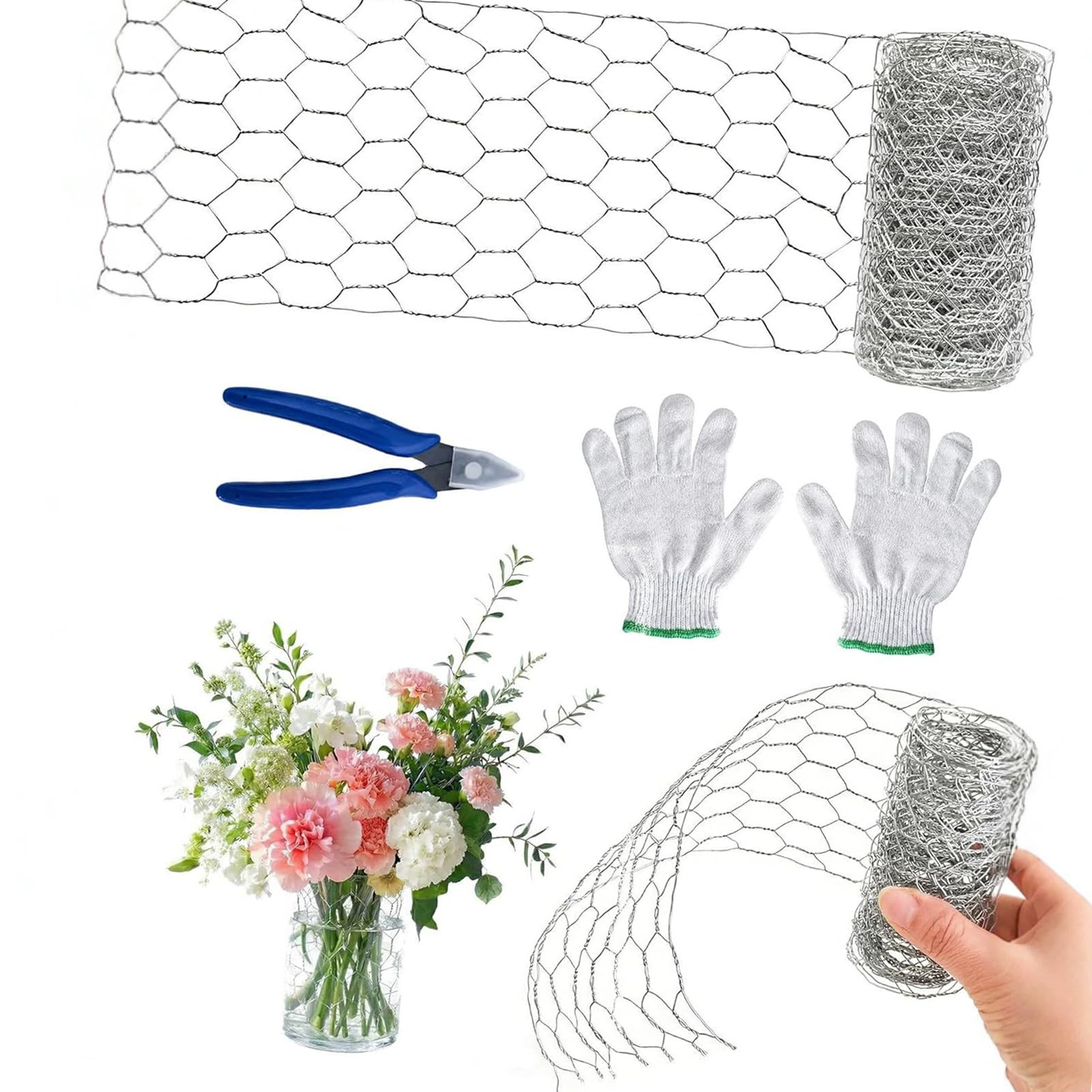 alloneslife Hexagonal Galvanized Netting Fence Floral Chicken Wire Flower Arrangement Galvanized Wires Meshes with Cutter Floral Wire for Arrangements