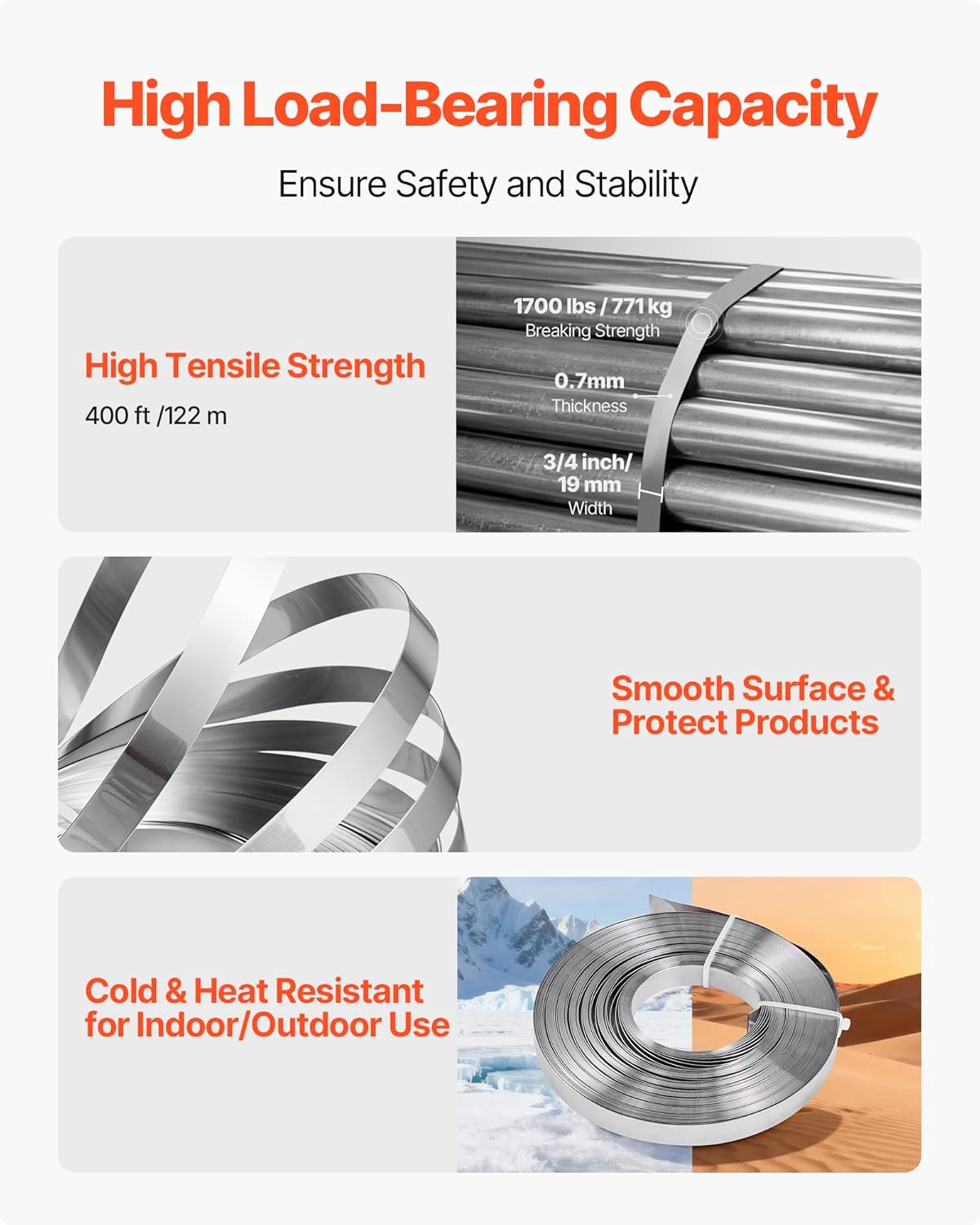 VEVOR Steel Banding Strapping Kit, Heavy Duty Banding Sealer Tool with 400 ft Binding Straps, 400 Metal Clasps, Manual Pallet Packaging Strapping Kit for Warehouse, Transportation, Industrial Bundling