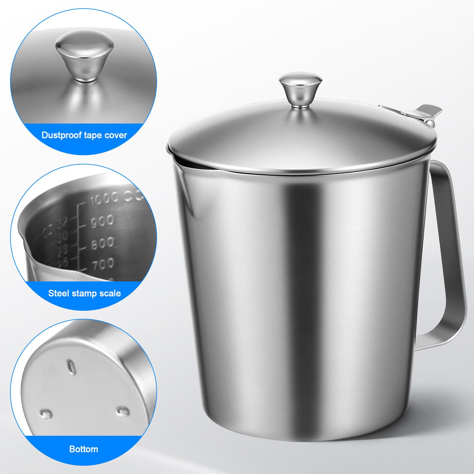 Taza Medidora que Evita Leche se Enfríe Rápido con Tapa Anti-caída 1000ml de Acero Inoxidable Jarra Graduada para Preparar Café con Leche y Barras