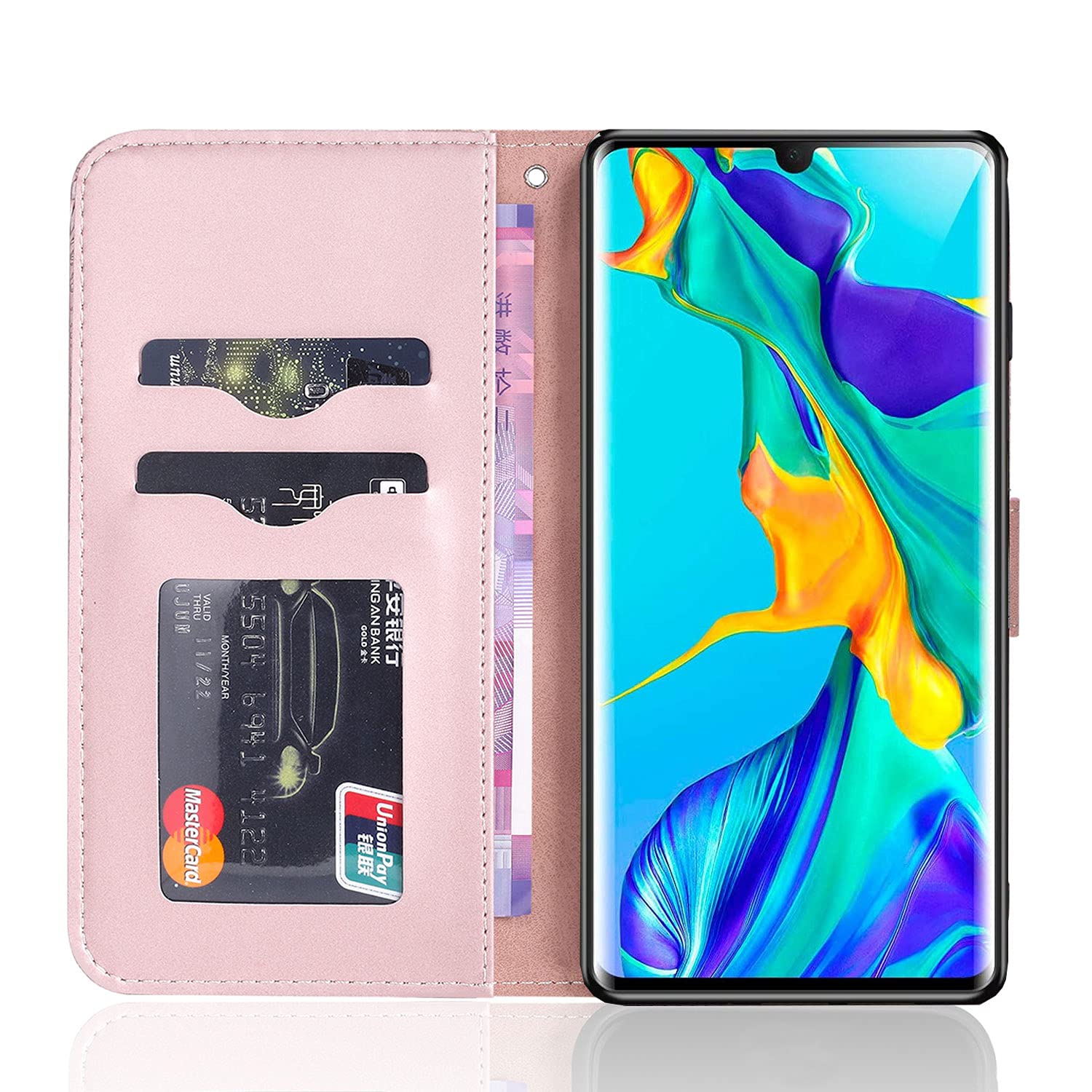 Custodia Portafoglio In Pelle Per Huawei P30 Lite – Design Albero Della Vita, Con Slot Per Schede E Supporto, Cordino Incluso, Nero