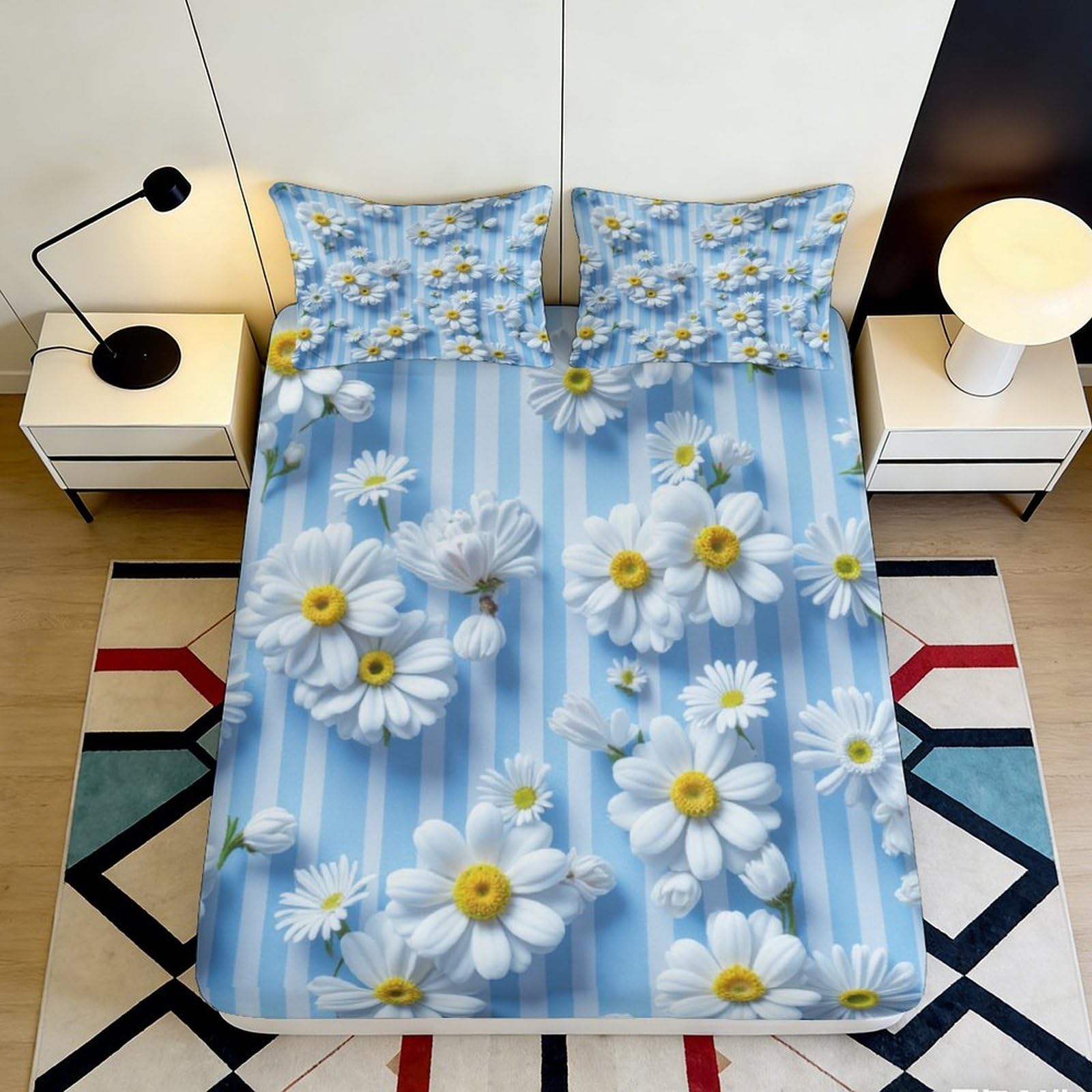 Dhbaneiok Style-8 3D Printed Daisy Floral Fitted Sheet Microfiber Soft Blue Striped Blossom Mattress Cover Bedroom Decor Protection 90X200x25cm