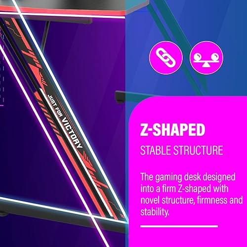 Miniatura 15 de PayLessHere Escritorio para juegos de 47 pulgadas, mesa de fibra de carbono, estación de trabajo Ultimate Gamer con soporte para tazas y gancho para