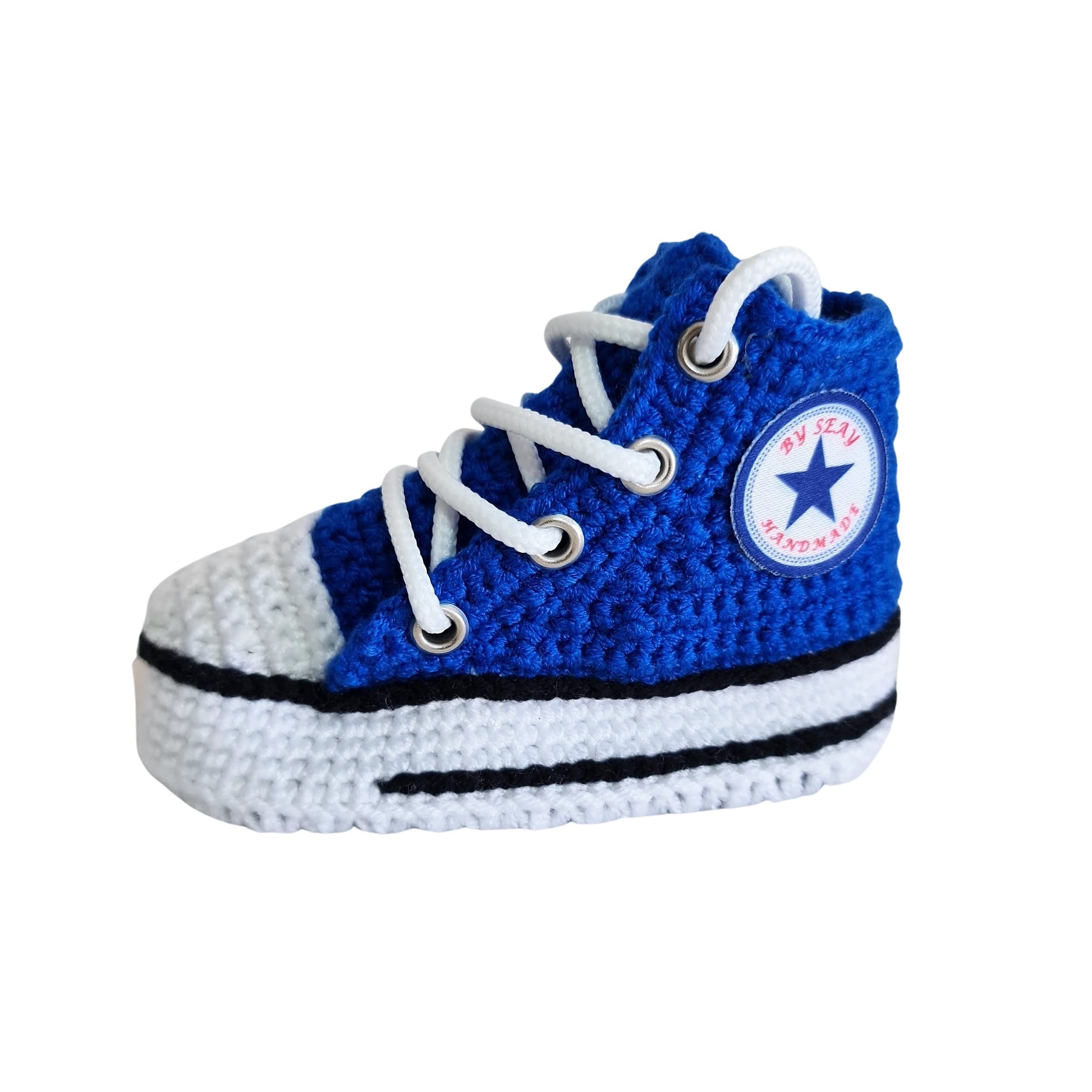 gestrickte Blaue Baby Sneaker Booties, weiche warme Baumwoll-Häkel-Hausschuhe für Neugeborene, Kleinkinder, Lauflerner, 0-3M 3-6M 6-9M 9-12M, Geschenk für Baby-Jungen