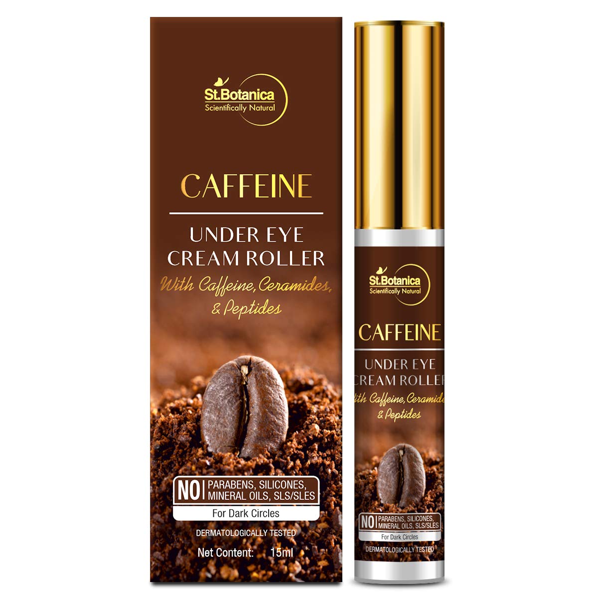 Caffeine 2% Under Eye Cream Roller, 15ml - With Ceramides And Peptides - No Parabens, Silicones, Mineral Oils, SLS/SLES