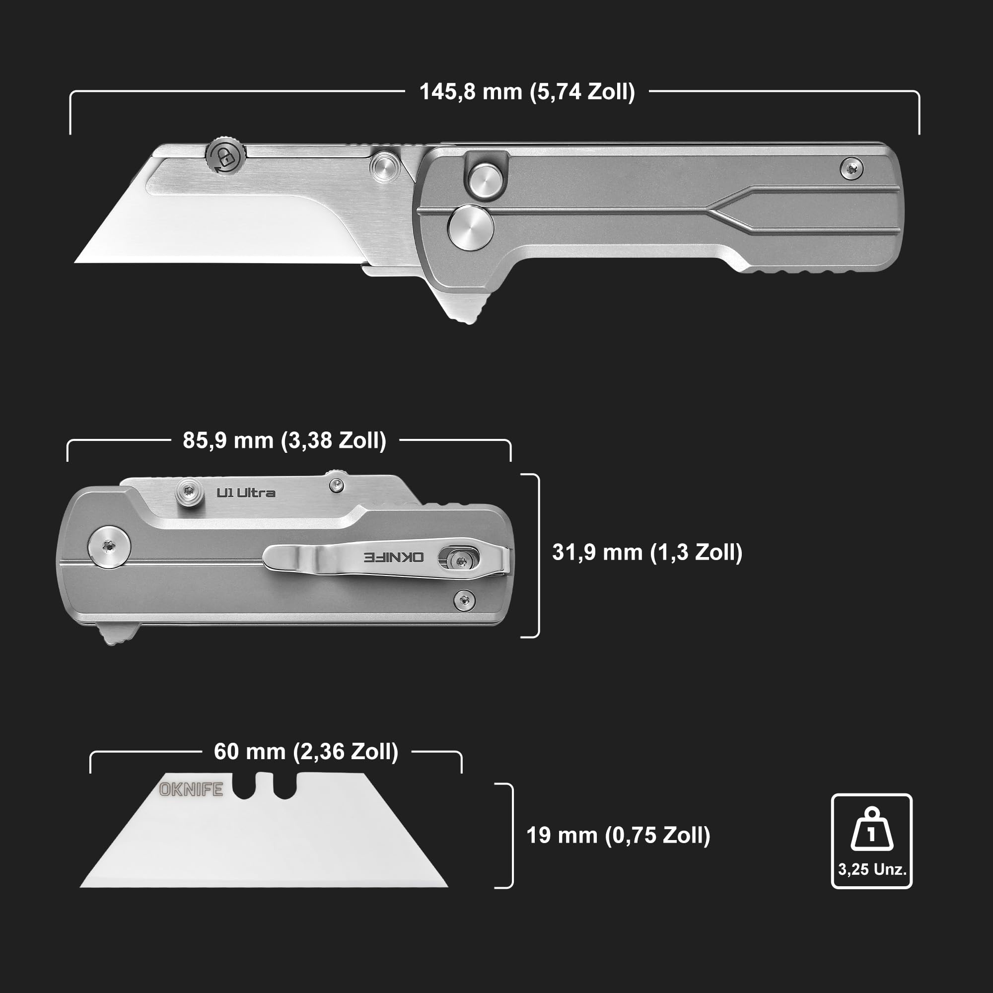 OKNIFE U1 Ultra Titanium EDC Taschenklappmesser Keramikklinge Boxcutter | Leichter Griff mit Knopfsperre & praktischem Taschenclip, kompakter EDC Cutter für Alltag,Taschenmesser