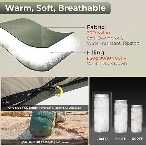 Miniatura 8 de ATEPA Saco de dormir ligero de plumón de 0 grados para adultos, mochila de momia, ultraligero, impermeable, compacto, para todo tipo de clima frío,