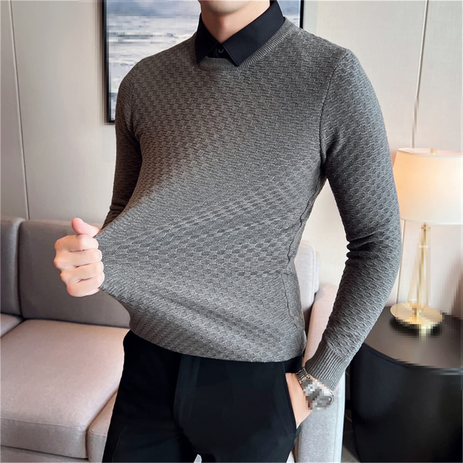 Hombres falsos de dos piezas camisa cuello jersey jersey slim fit manga larga prendas de punto tops