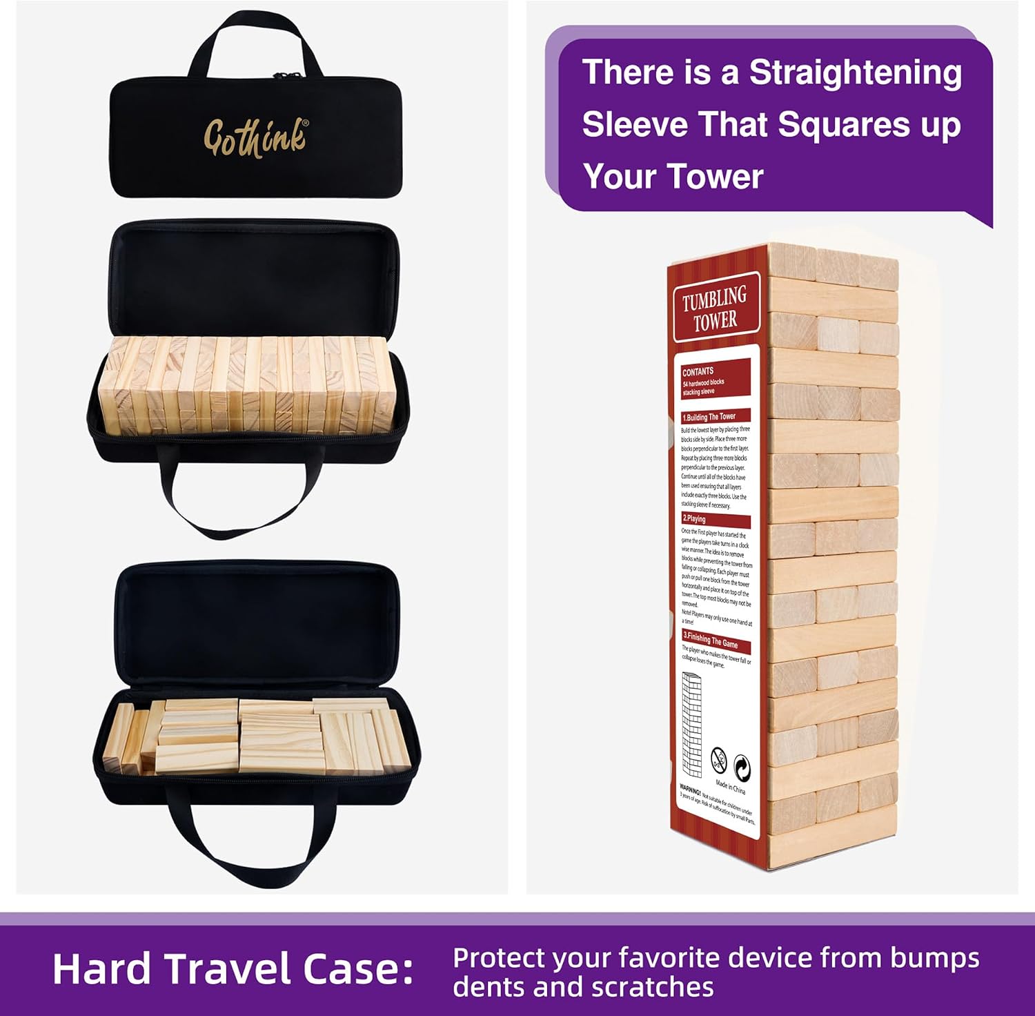 GOTHINK Tumble Tower Game for Kids and Adults, 54pcs Wooden Board Stacking Game for Family Games Night, Classical Wood Blocks Game, Standard Size with Storage Bag image 5