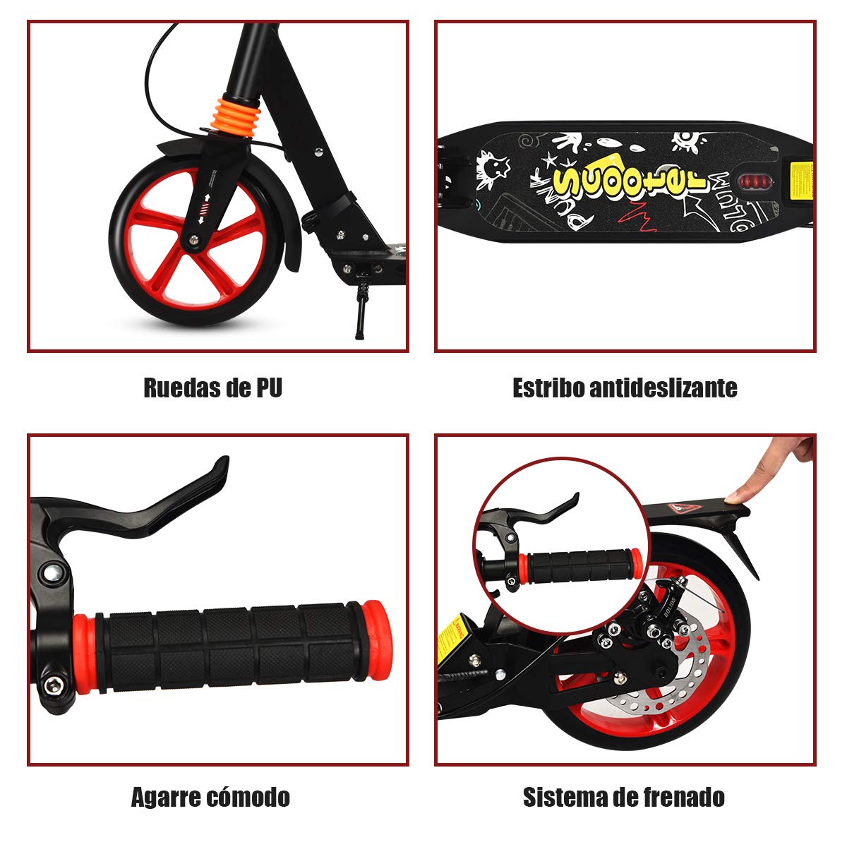 COSTWAY Scooter Patinete Plegable Manillar Regulable en 3 Posiciones Carga hasta 100kg para Niños Mayores de 8 Años y Adultos (Negro)