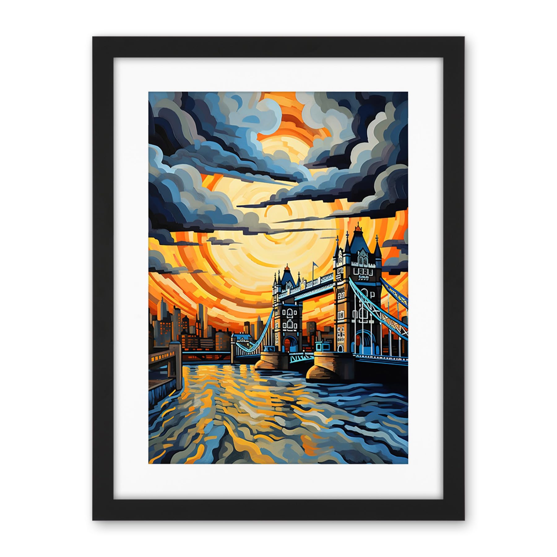 Artery8 London Tower Bridge Dramatic Sunset Vibrant Artwork Blue Orange River Thames England Cloudy Sky Artwork Framed Wall Art Print 18X24 Inch