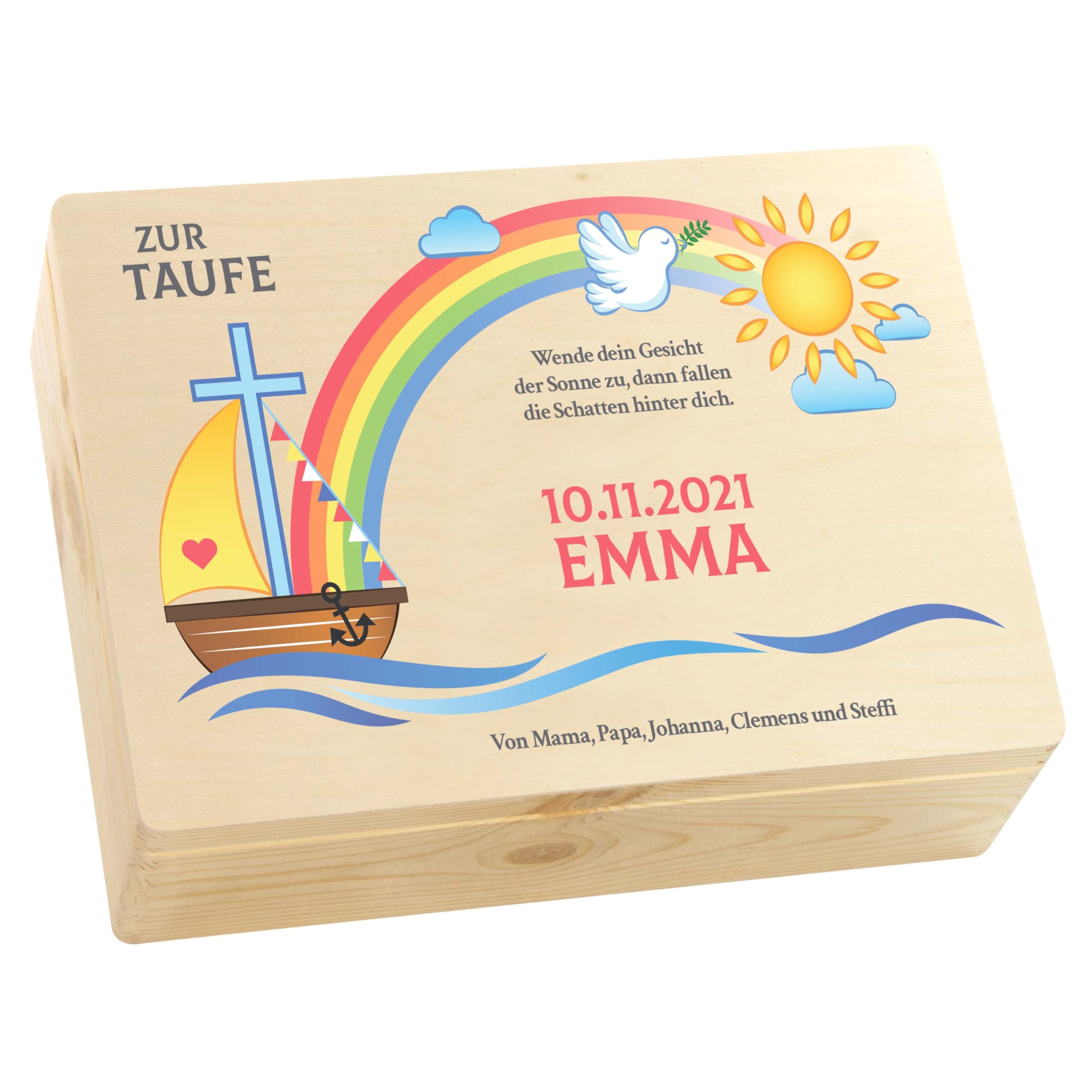 LAUBLUST Holzkiste zur Taufe - Nach der Sintflut Farbmotiv - Personalisiertes Taufgeschenk - 40 x 30 x 14 cm, Natur, FSC®