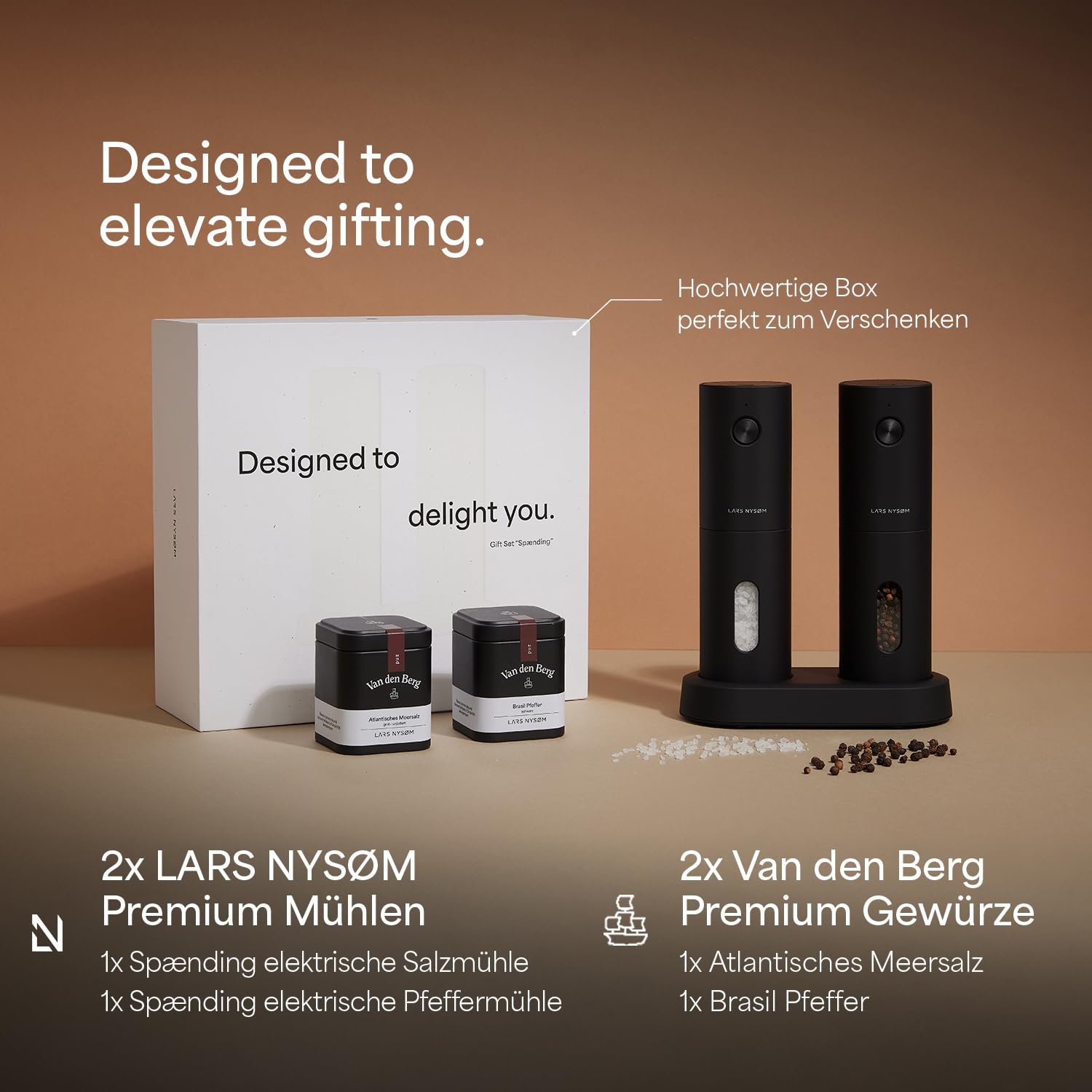 LARS NYSØM Elektrische Gewürzmühlen & Gewürze Geschenkset - Salz- und Pfeffermühlen Set mit 2 hochwertigen Gewürzdosen (Salz, Pfeffer) - Schöne Geschenkbox (Carbon Black)