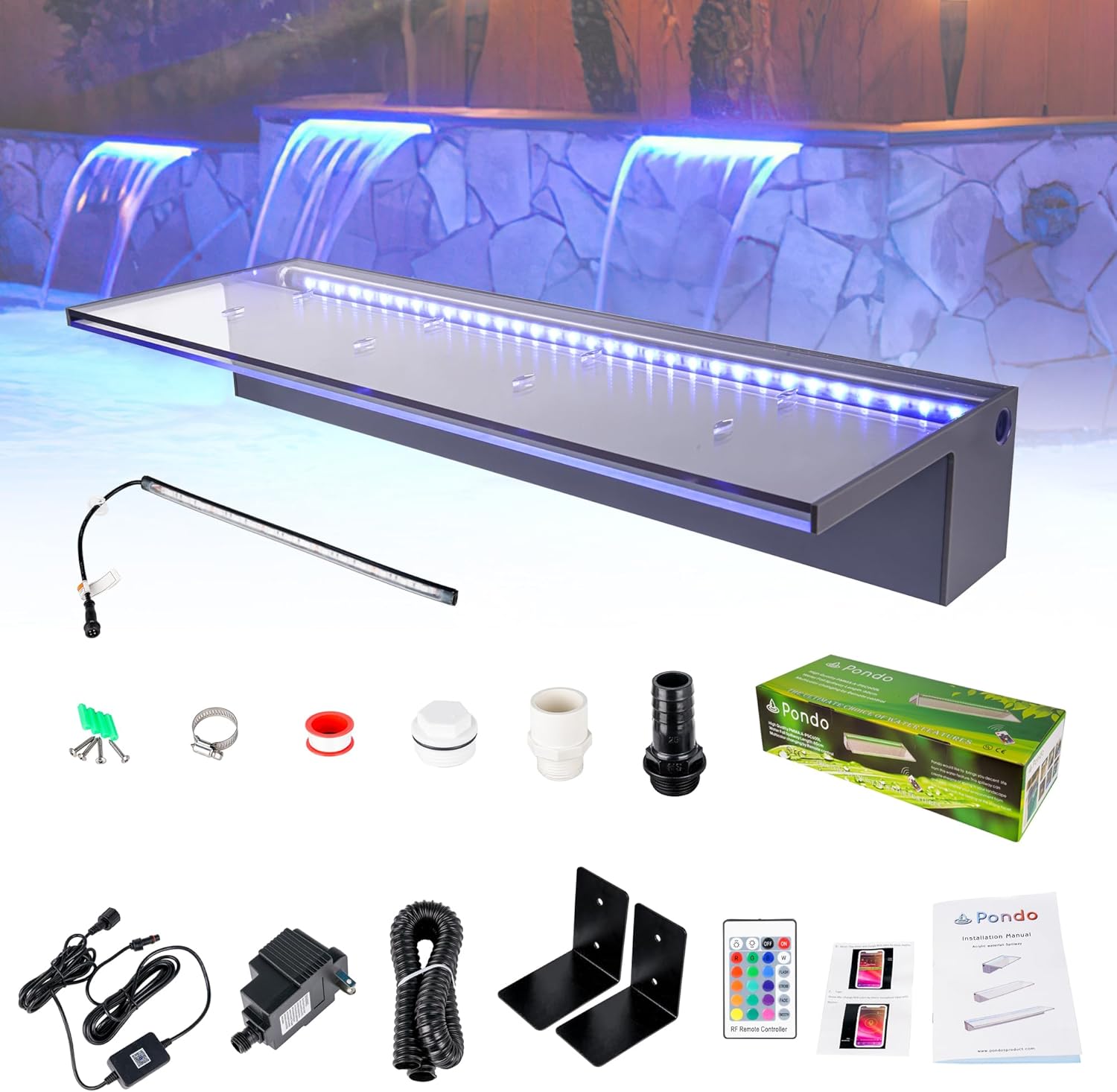 24'' APP Acrylic Pond Fountains Multi-Color LED Light Outdoor Pool Waterfalls, Water Patio Waterfall Spillway Koi Pond Waterfalls Fountains Kit for Garden Swimming Pool Decorations