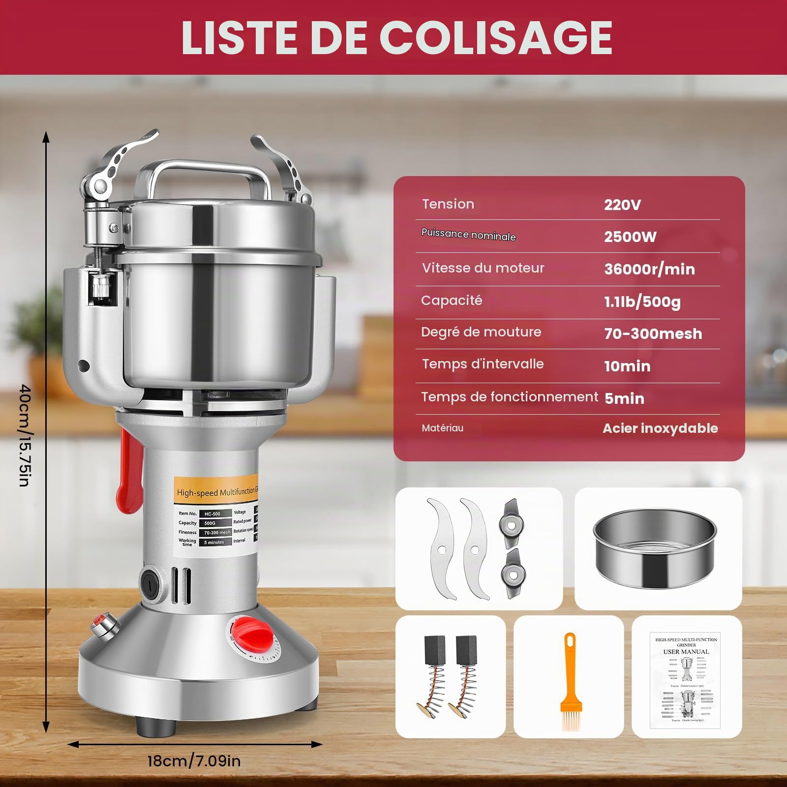 Moulin Céréales Grains électrique,500g Portable Grinder 220V Moulin à épices mit 3 Lames,pour céréales, herbes, épices, noix