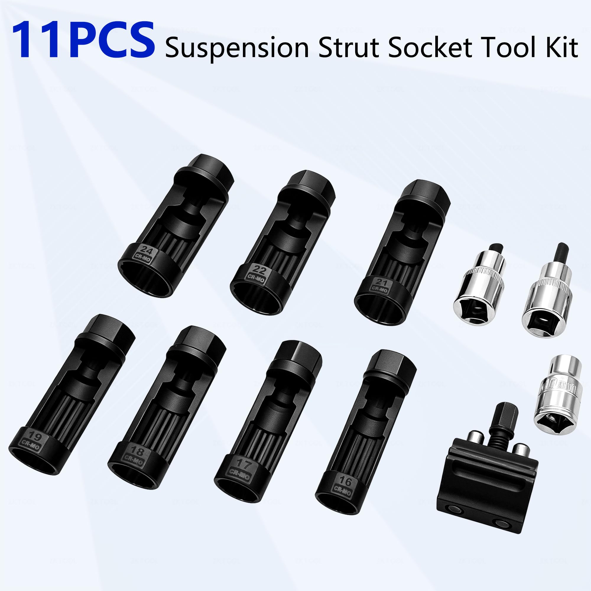 ZKTOOL 11-teiliges Stehbolzen-Nuss-Set für Federungsdämpfer, Größe 16mm, 17mm,18mm, 19mm, 21mm, 22mm, 24mm, mit 12 Punkten, 1/2"-Antrieb, Federungsdämpfer-Spreiznuss, Stoßdämpfer-Entfernungs-Werkzeug