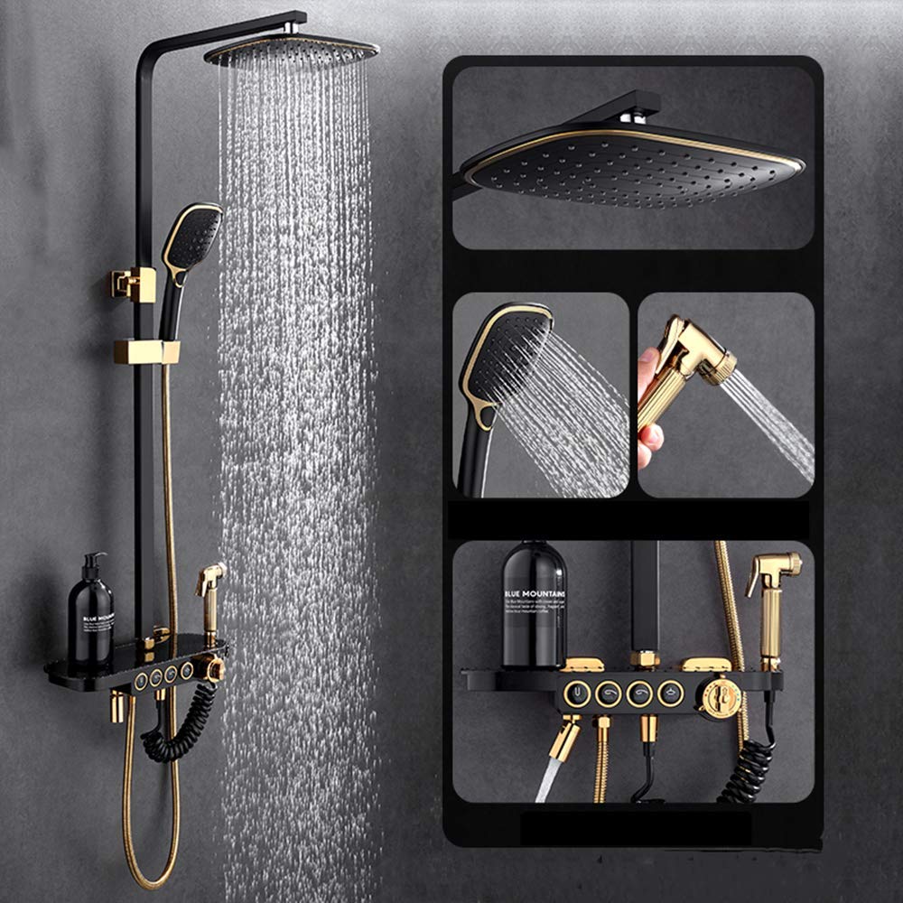 Zestaw prysznicowy z baterią termostatyczną Rain Black and Gold Exposed Rain, montowany na ścianie, z głowicą prysznicową, prysznicem ręcznym, wylewką wannową i natryskiem,