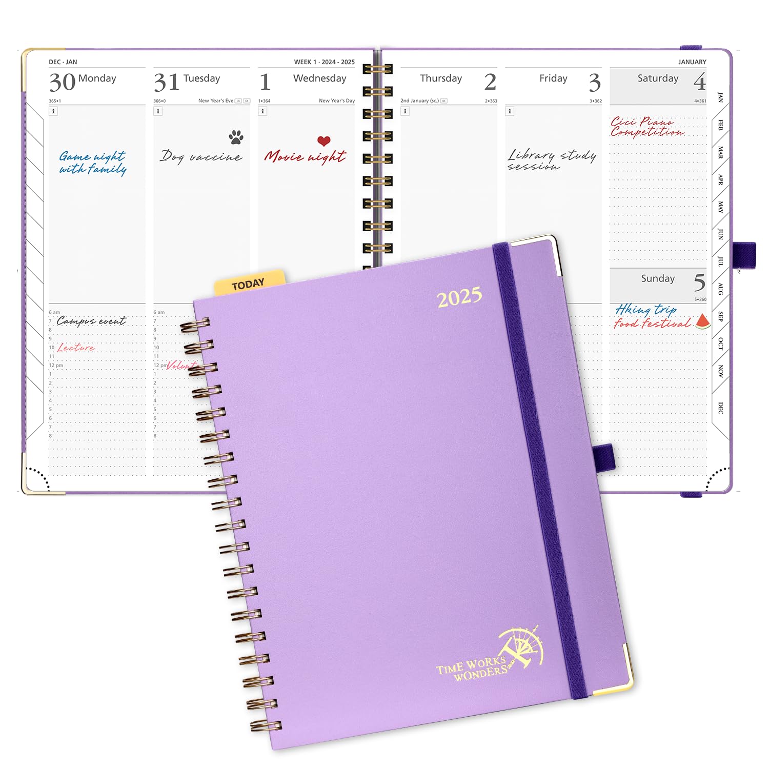 POPRUN Agenda semanal 2025 grande (25,5 x 20,5 cm), tapa dura en espiral, agenda semanal de trabajo, 25 con gran espacio para escribir, pestañas mensuales, papel FSC® de 100 g/m² (violeta)