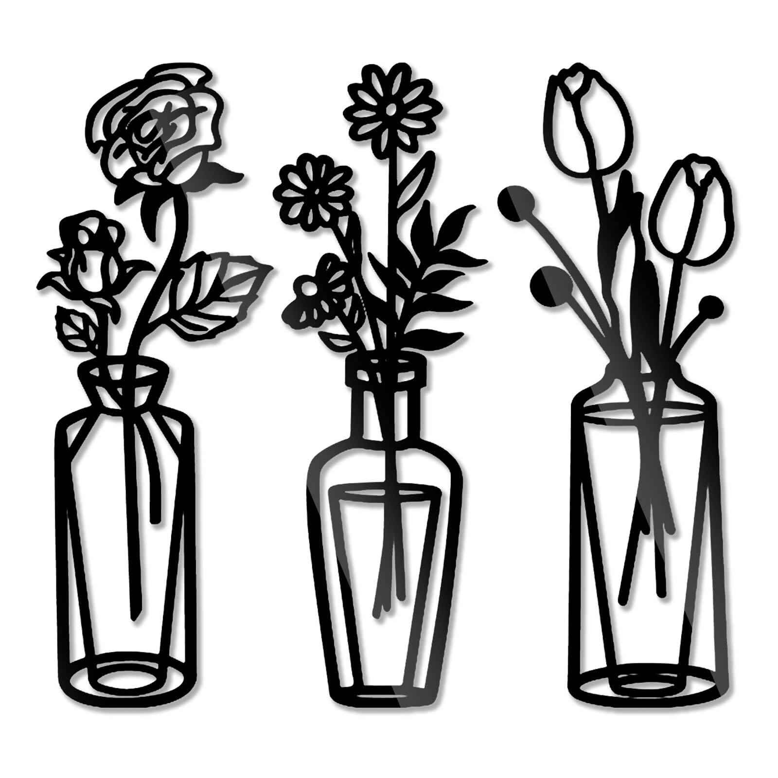 3 Pcs Black Flower Wall Art Decoration, 20cm 7.87 x 2.87 x 0.08 inches,