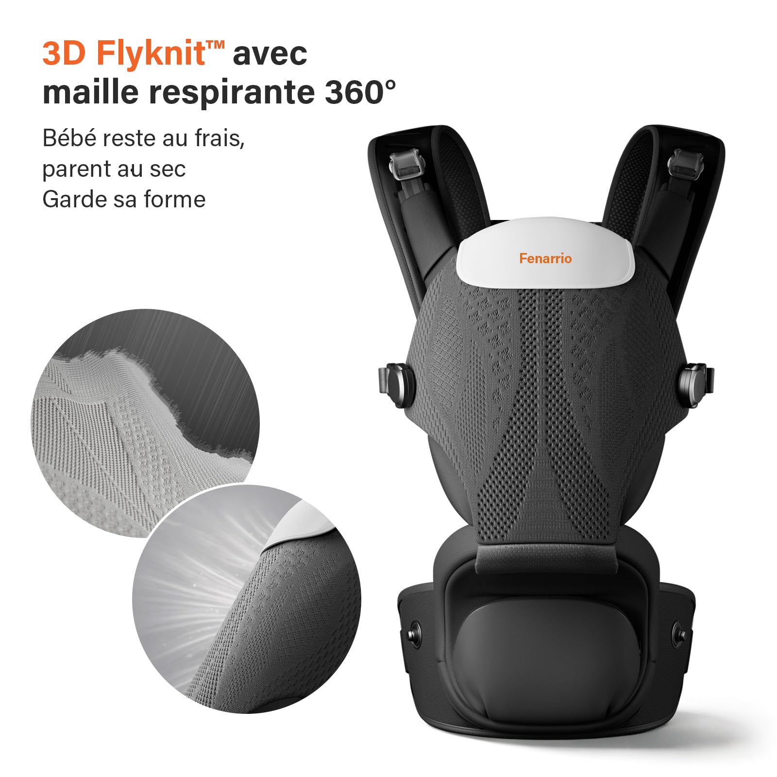 Porte-Bébé Ergonomique avec Siège de Hanche, 4D Respirante, Système 2-en-1 Multi-Positions, Confortable et Réglable, Noir
