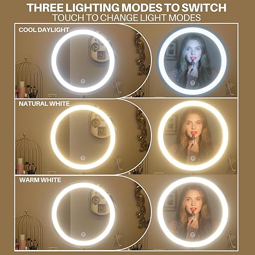 Miniatura 3 de WinZo Mesa de tocador de 24" con espejo y luces, pequeña mesa de tocador de maquillaje con 1 cajón de almacenamiento, elegante mesa de tocador con