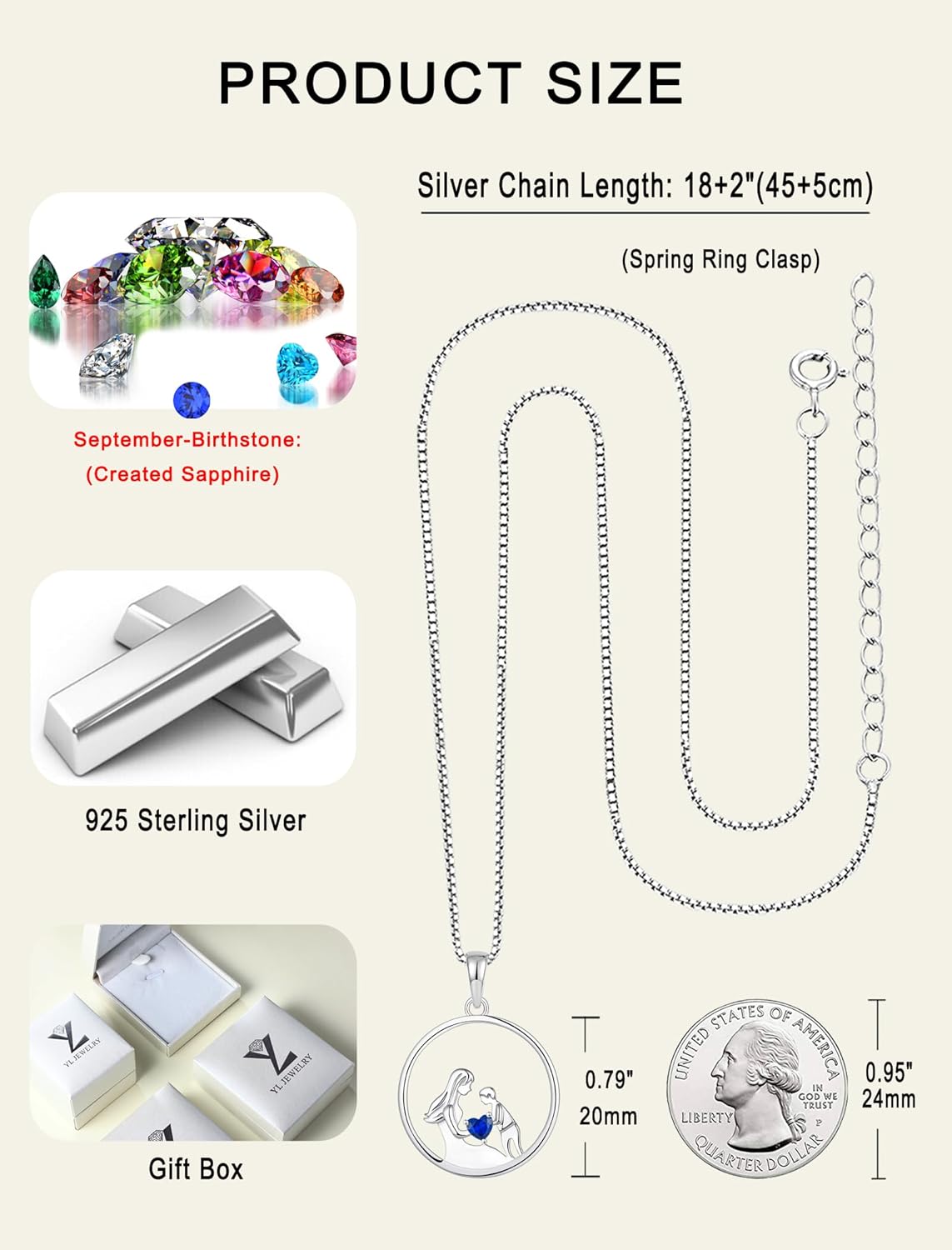 YL Women's Mother Necklace 925 Sterling Silver Round Mum Pendant Birthstone Jewelry for Mom - Image 6