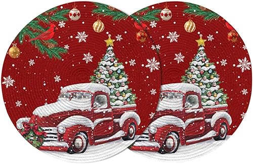 Paquete de 2 manteles individuales redondos trenzados, color rojo cedro, Navidad, 15 pulgadas, lavables, resistentes al calor, para cocina, mesa de