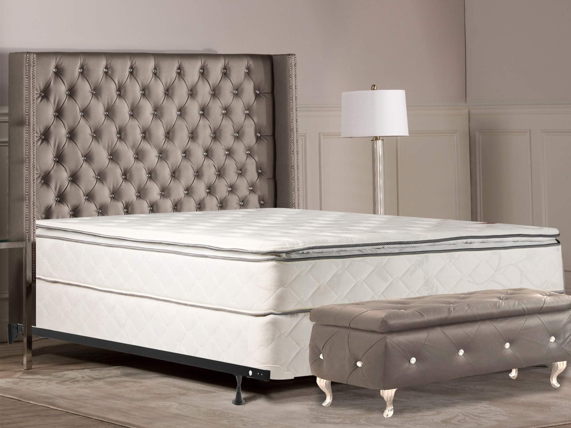 Continental Matress Medium Plush Pillowtop Innerspring Fully Assembled Mattress, and 8" Wood Box Spring/Foundation Set with Frame, Twin