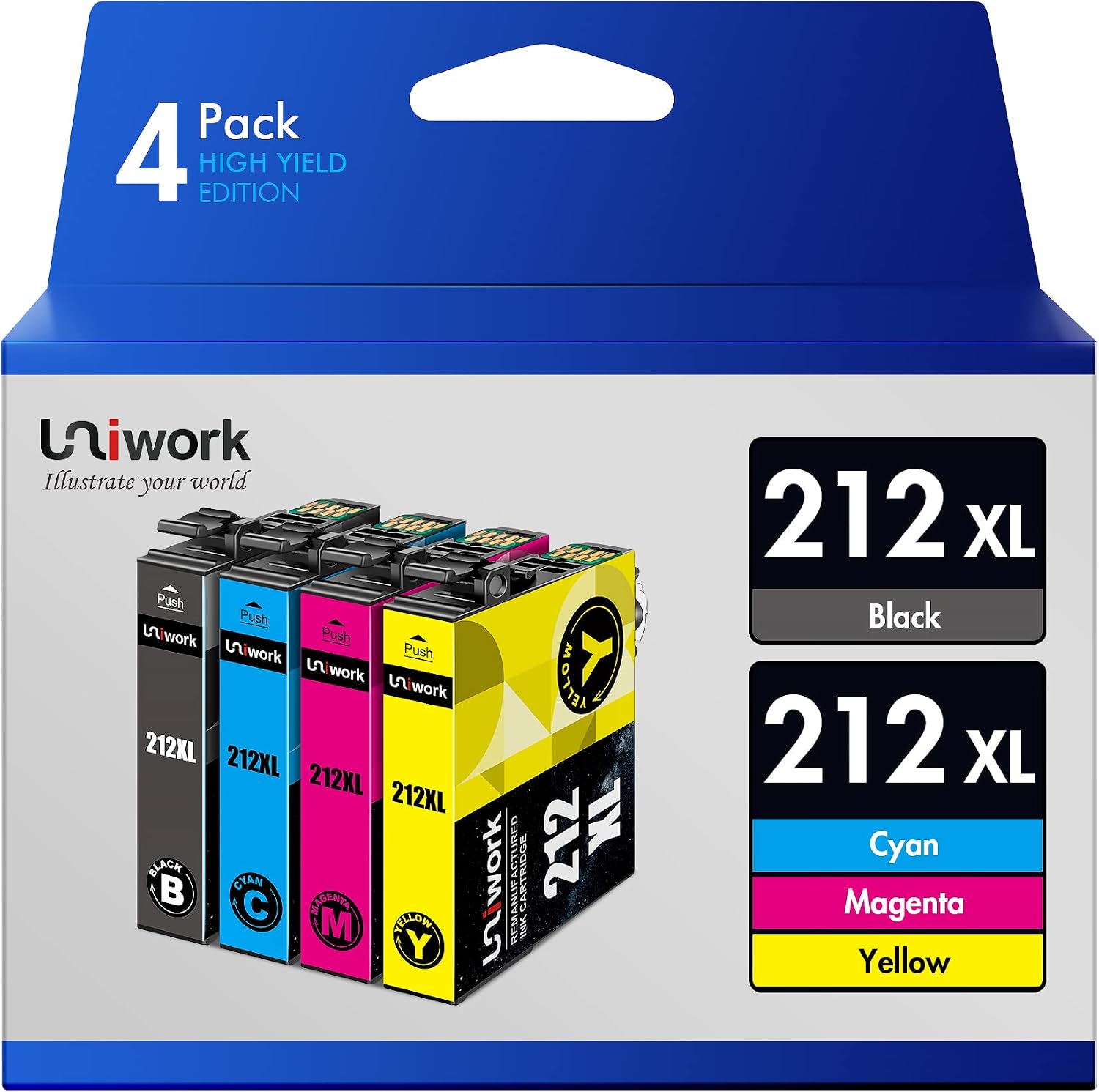 Uniwork Remanufactured Ink Cartridge Replacement for Epson 212XL 212 XL T212XL T212 to use with XP-4100 XP-4105 WF-2830 WF-2850 Printer Tray (Black, Cyan, Magenta, Yellow, 4 Pack)