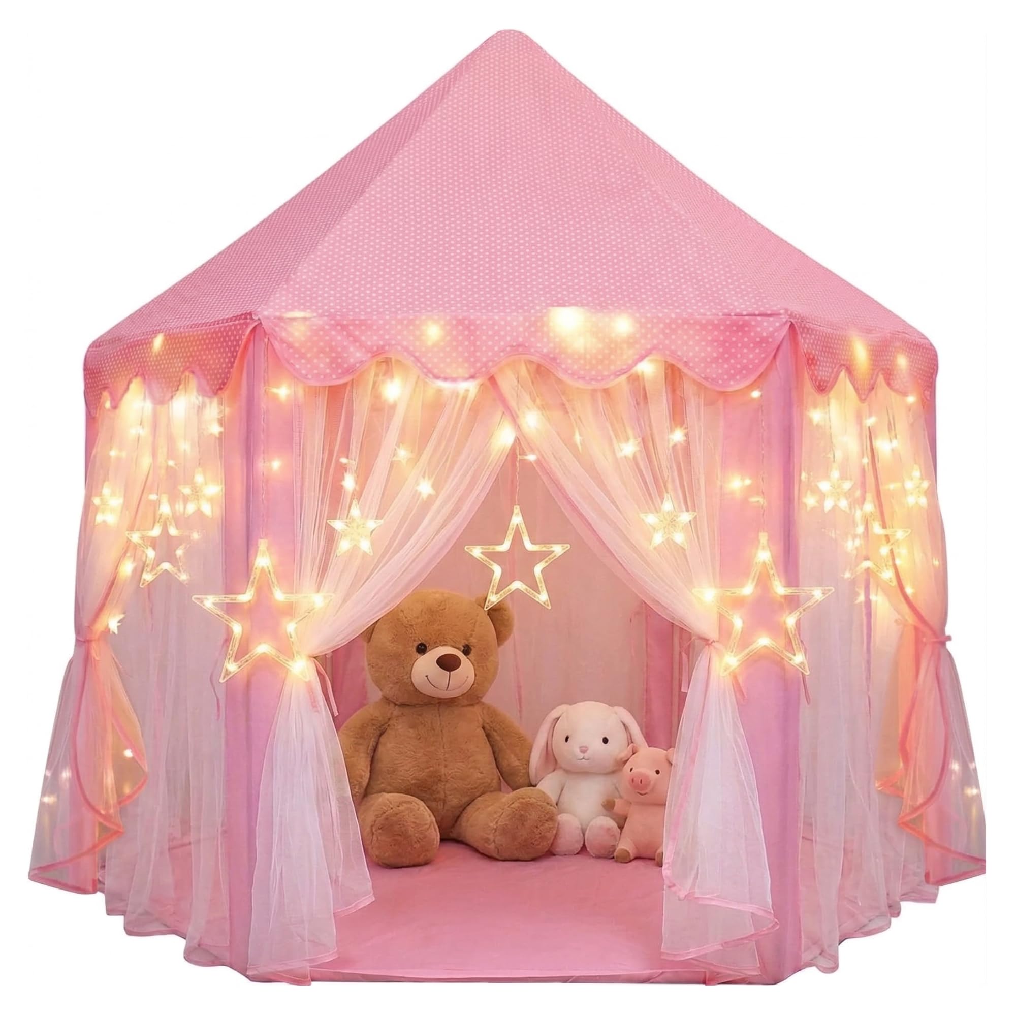 Orian Princess Tent for Girls – Kids Play Tent Indoor & Outdoor with Big LED Star Lights, Pink Toddler Castle Playhouse for Ages 2–7, 55” x 53”, Children’s Toys and Gifts