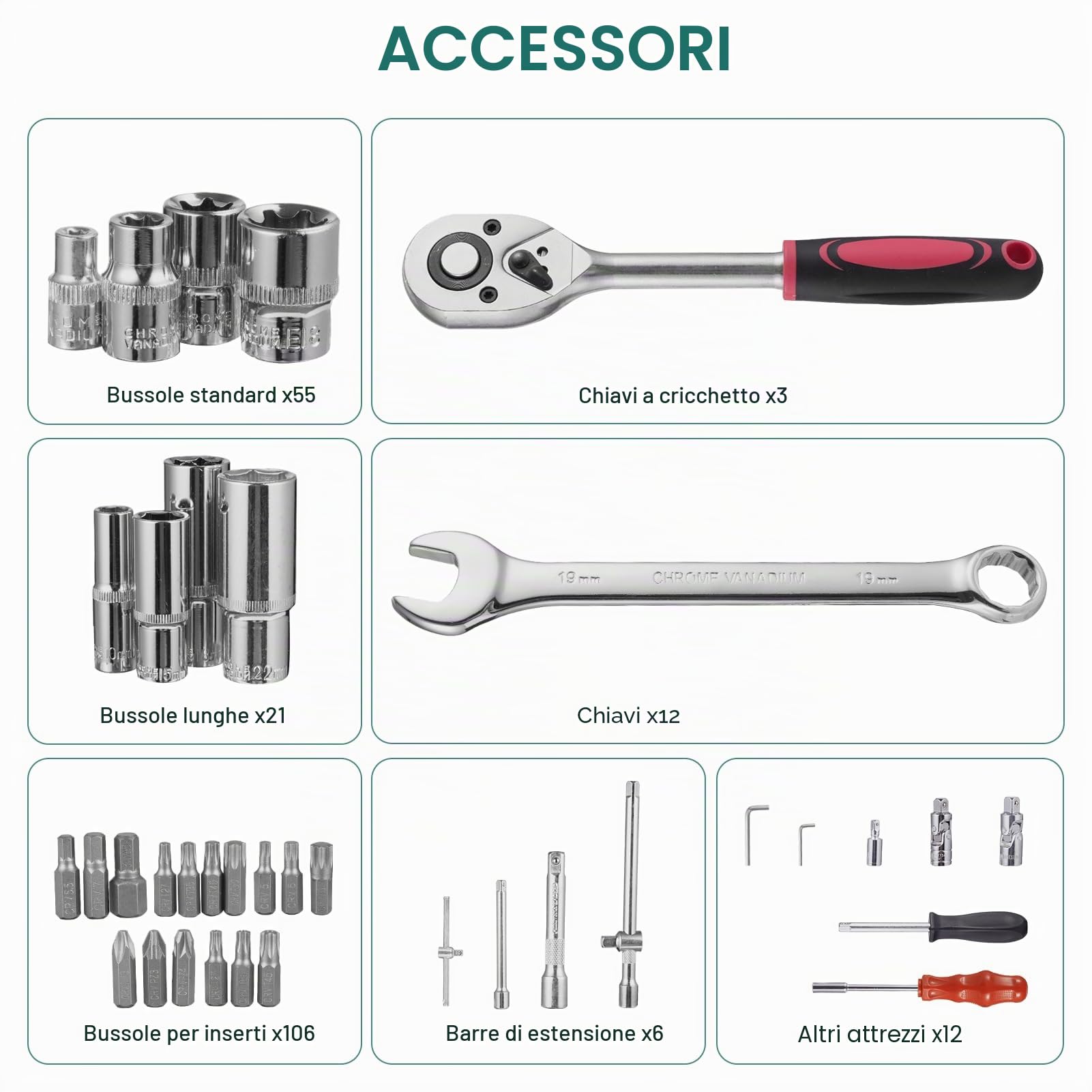 Set di chiavi a bussola, 216 pezzi, set di attrezzi e punte per cacciavite a batteria, set di attrezzi, valigetta per attrezzi da 1/4", 3/8", 1/2"