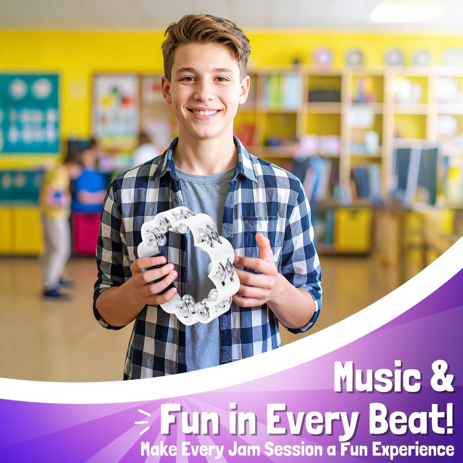 Flexzion Pandereta de flores – Instrumento de percusión de mano de 8 pulgadas con cascabeles de metal y agarre ergonómico – Panderetas pequeñas para adultos, niños, iglesia, fiestas y eventos