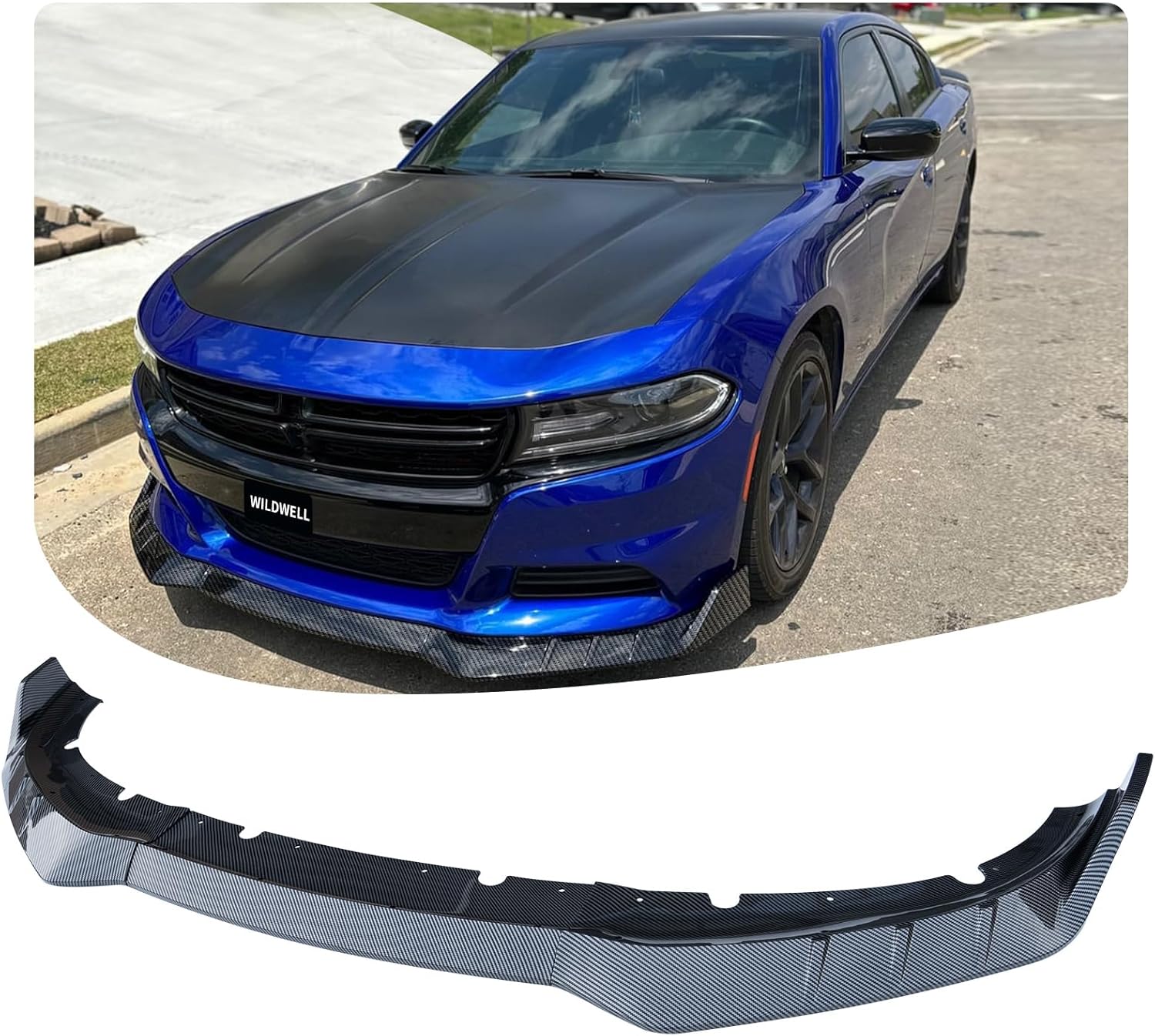 WildWell Front Bumper Lip Splitter Fits 2015-2018 Dodge Charger Base & 2019-2024 Dodge Charger SXT Only, Front Lip Spoiler Accessories Air Dam Chin Guard Carbon Fiber Painted