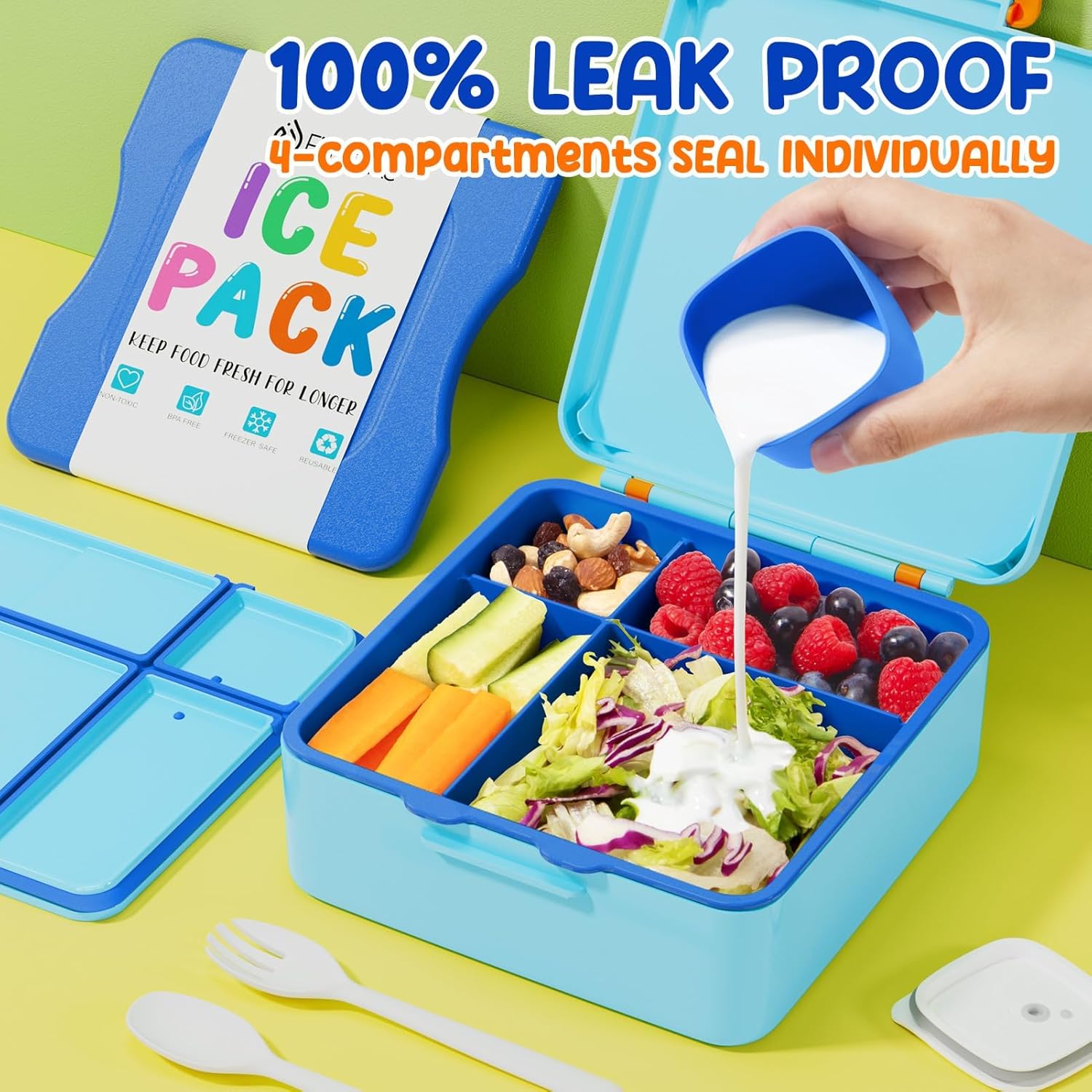 Fimibuke Chill Bento Box for Kids Adult, Leak Proof Toddler Lunch Box with Ice Pack Keep Food Cold, BPA Free 4 Compartment Lunch Container with Utensils for Girl Boy School, Microwave Dishwasher Safe - Image 5