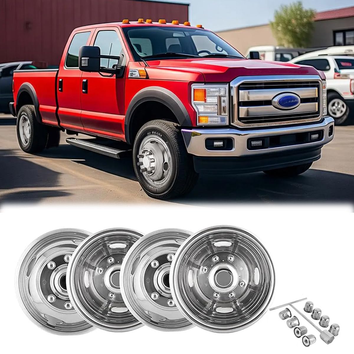 Set of 2pcs Front & 2pcs Rear 17inch Polished Stainless Steel Dually Wheel Simulators, Bolt On Wheel Cover, 8 Lug 4 Hand Hole Hubcaps Kit Fit for 2005-2025 Ford F-350 Super Duty 2WD/4WD 708A