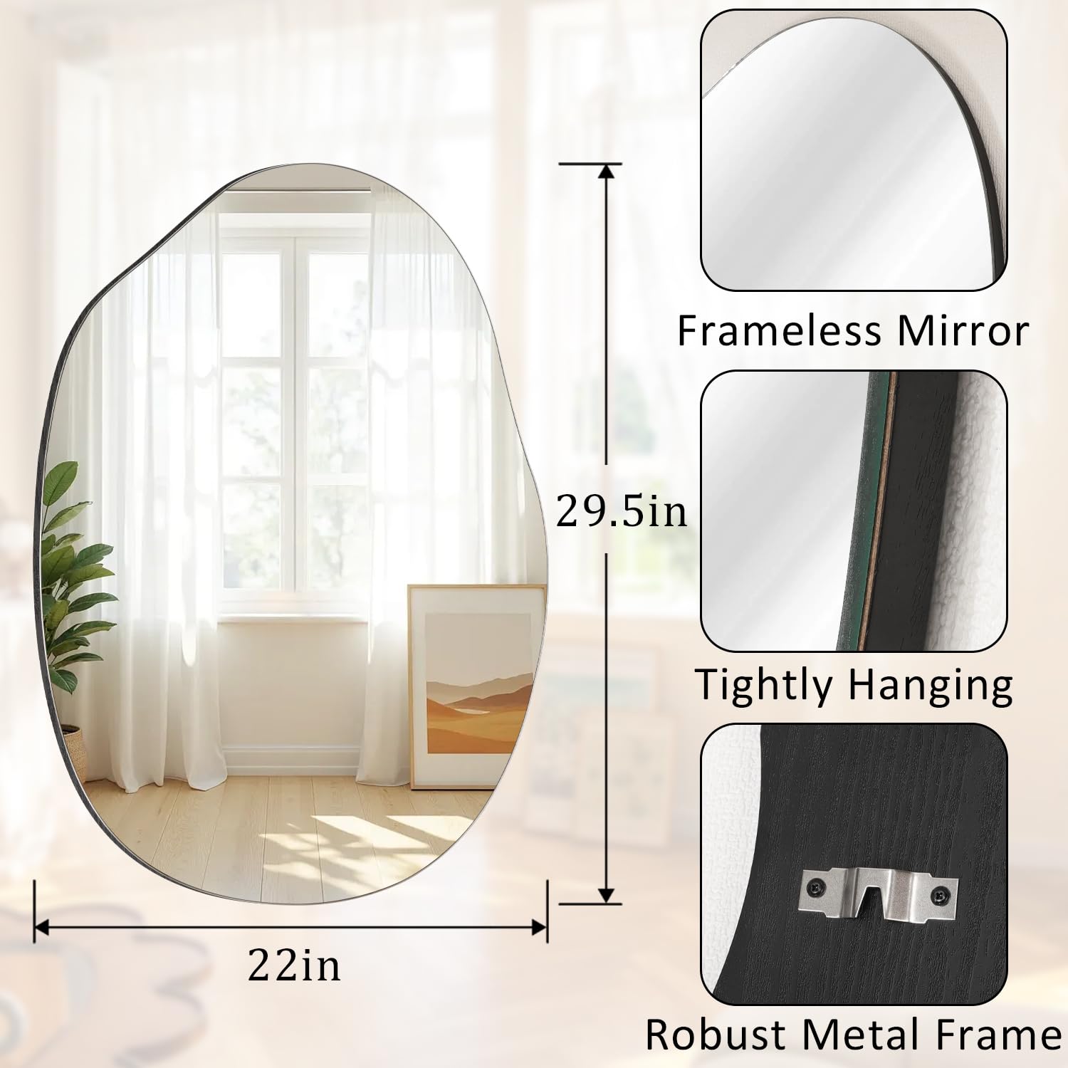 Espejo de pared irregular asimétrico moderno para baño, dormitorio, sala de estar, entrada, pasillo, montado en la pared, cristal decorativo, 75 x 55 cm