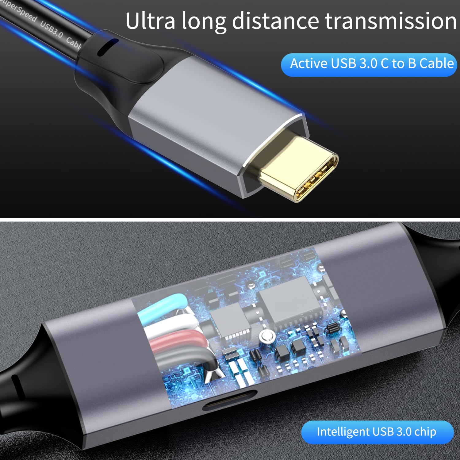 Active USB C to USB B 3.0 Cable 50ft, Super Speed 5Gbps USB 3.0 B to C Cable Compatible with Conference Camera,Docking Station,Hard Driver,Scanner, Printer,Vidicon and More