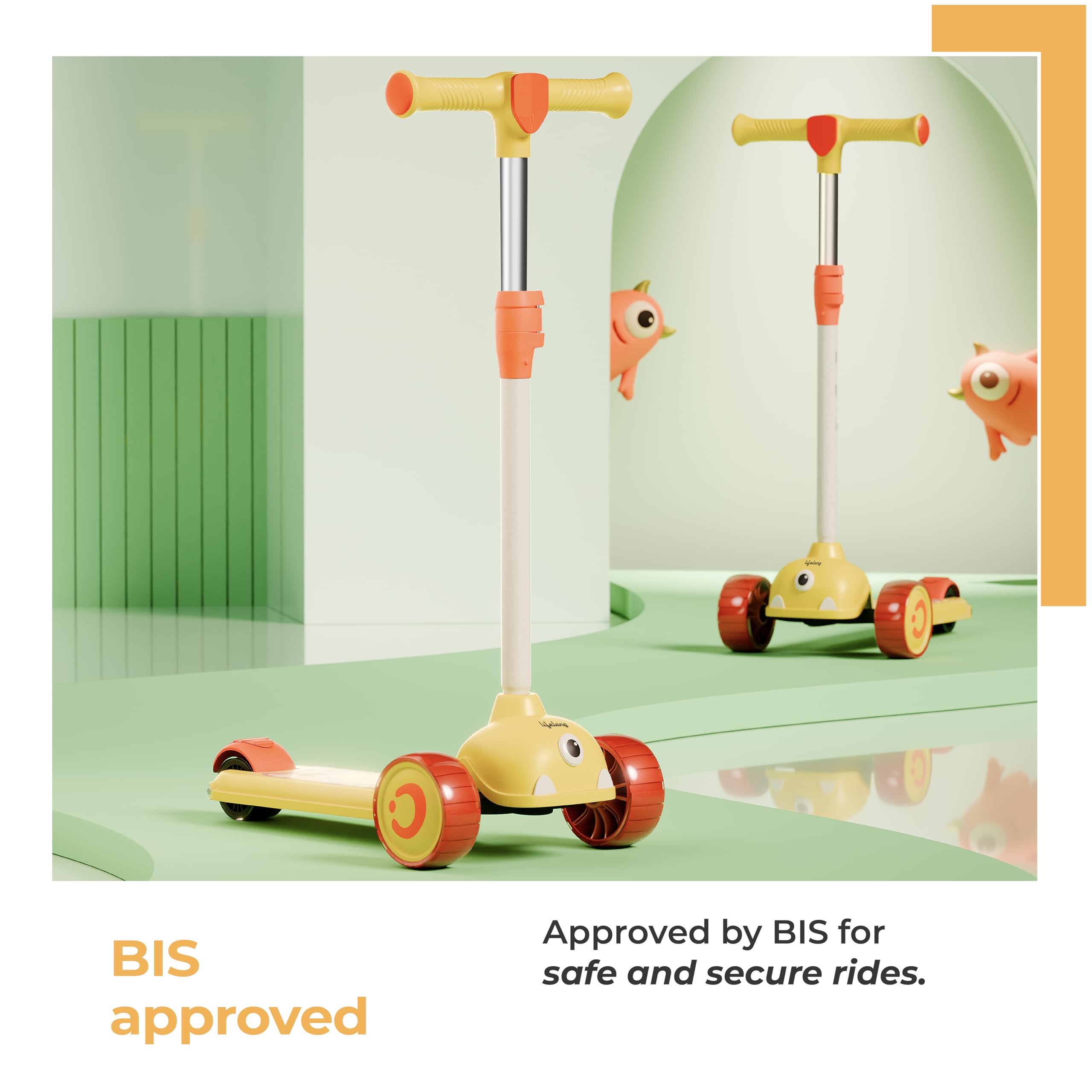Lifelong Kids Scooter for Boys & Girls| LED PU Wheels | 4-Level Adjustable Height | BIS Certified | 50Kg Capacity | Tilt-to-Turn Steering, Heavy, PPCP Body, Aluminum Handle, Yellow & Orange