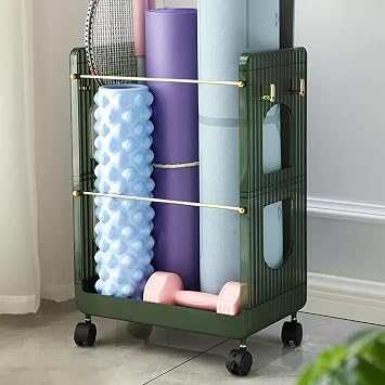Home Gym Yoga Mat Holder, Workout Equipment Storage Organizer with Wheels 2 Brakes, Multipurpose Storage Rack for Dumbbells Foam Rollers