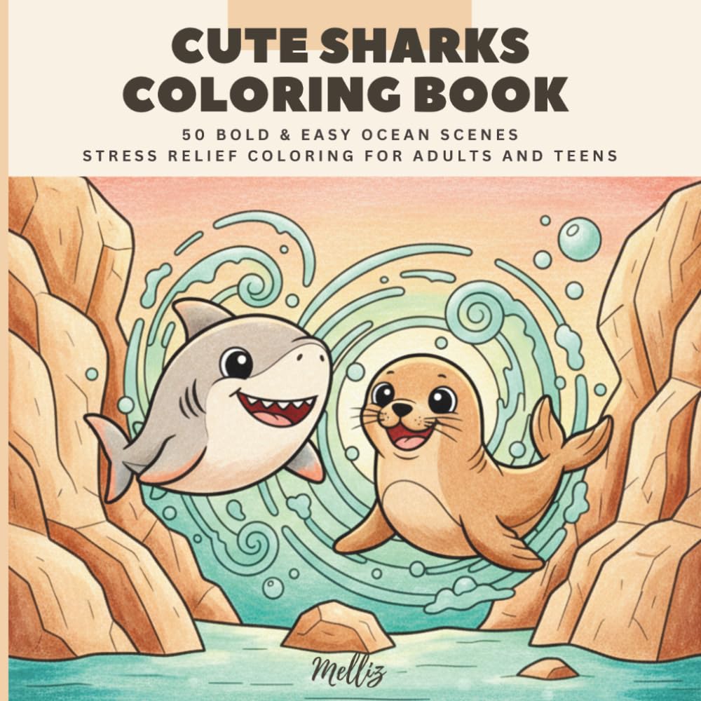 Cute Sharks Coloring Book: 50 Bold & Easy Ocean Scenes — Stress Relief Coloring for Adults and Teens