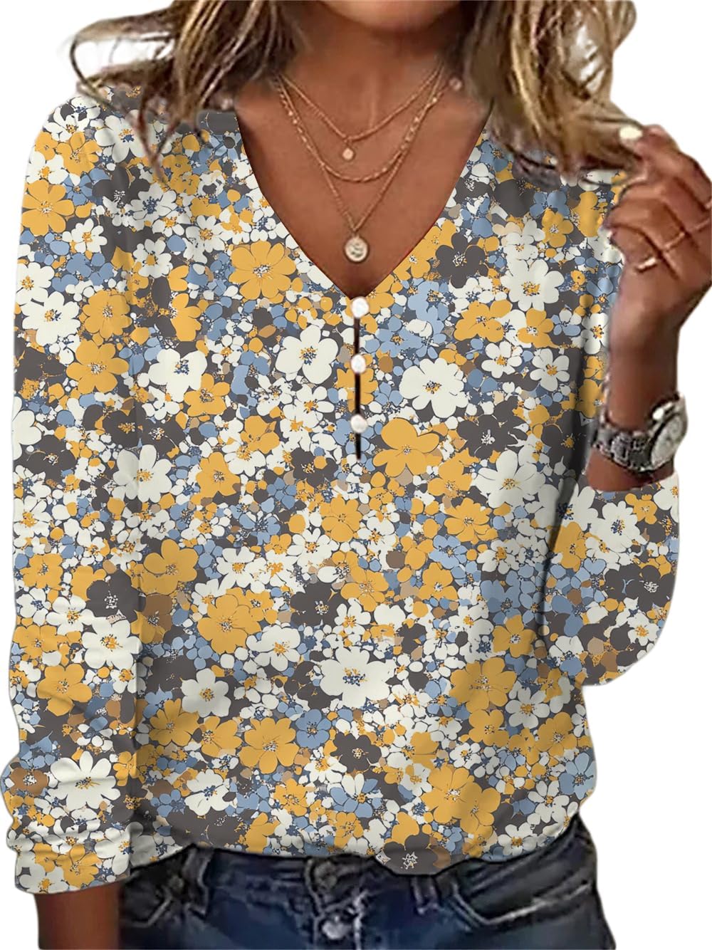 ZOCANIA Bohemian tops floral, button-up, V-neck, casual plus size.