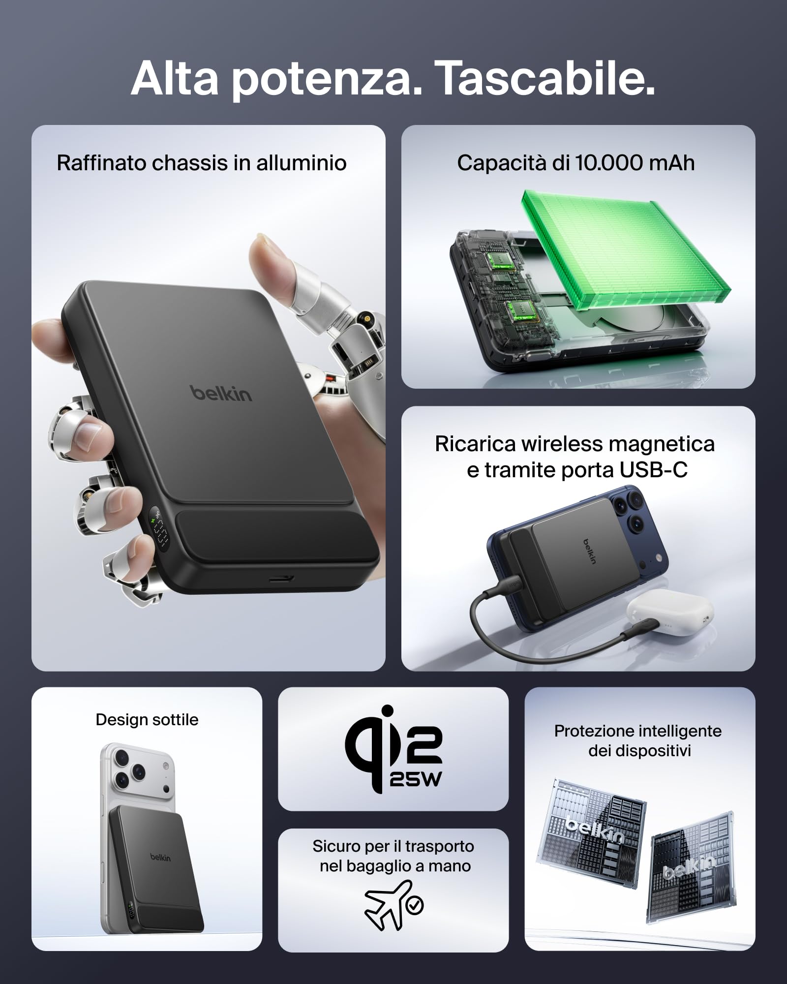 Belkin UltraCharge Power Bank Magnetico 1000mAh con Porta USB-C - Nero | Caricatore Portatile 10000mAh Sottile Wireless, Certificato Qi2 25W, Anello Magnetico, USBC, Precarico, Cavo, Sicuro in Aereo
