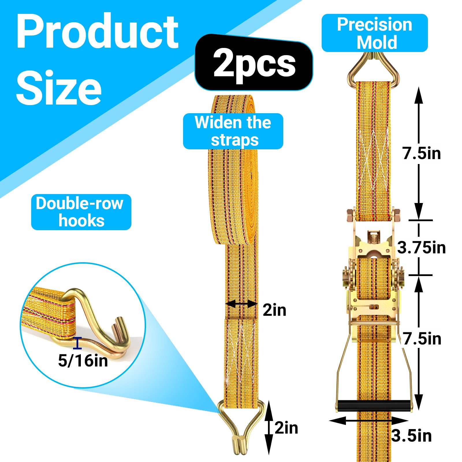 2 cinghie a cricchetto resistenti, 5,1 cm, 9,1 m, giallo, resistenza alla rottura, cricchetto con doppio gancio a J per traslochi, attrezzature da prato, bagagliaio auto e moto