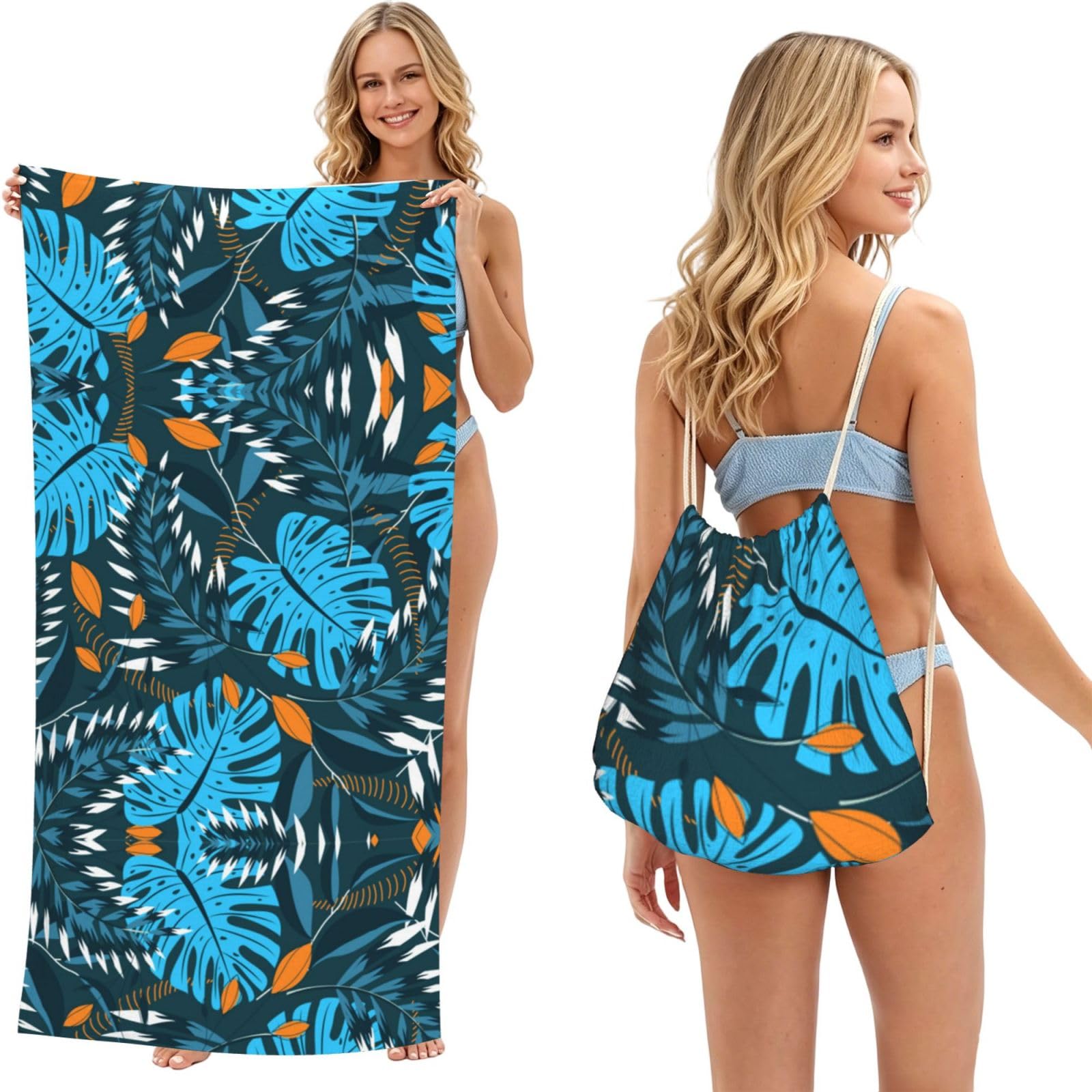 ESNAIUVCD Summer Tropical Leaves Print Beach Towel For Adults,Towel With Drawstring Bag, Travel Pool Swimming Sports Shower Sand Free Quick Dry Bath Towel For Pool, Beach, Yoga- 180x60cm