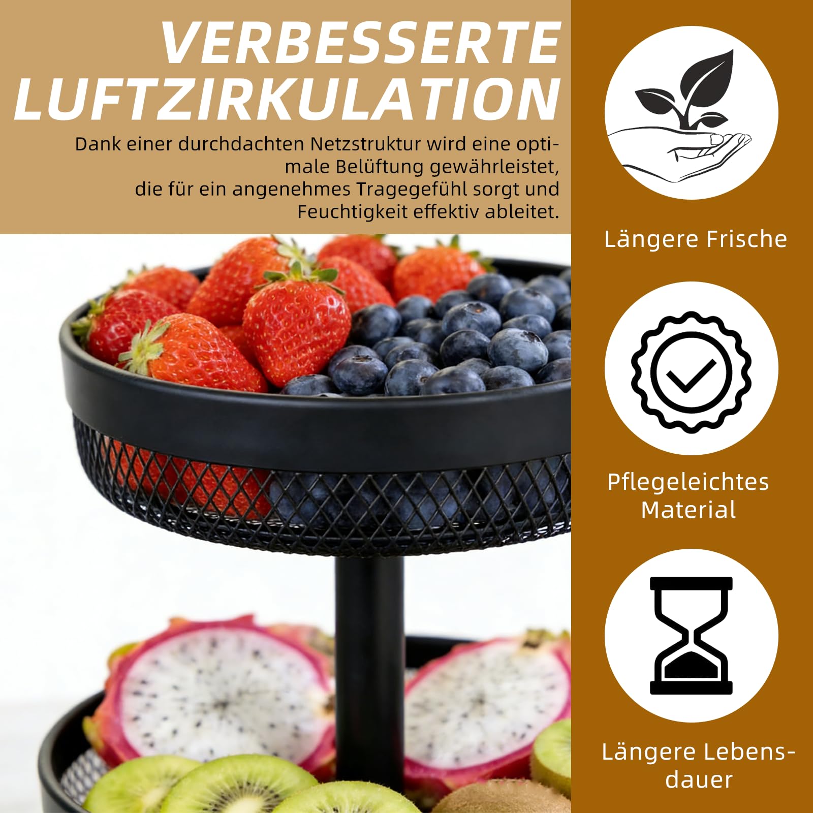 Dreistöckiges rundes Obst- und Brotregal, auch als Kuchenständer oder Tortenständer geeignet, aus schwarzem Metall.