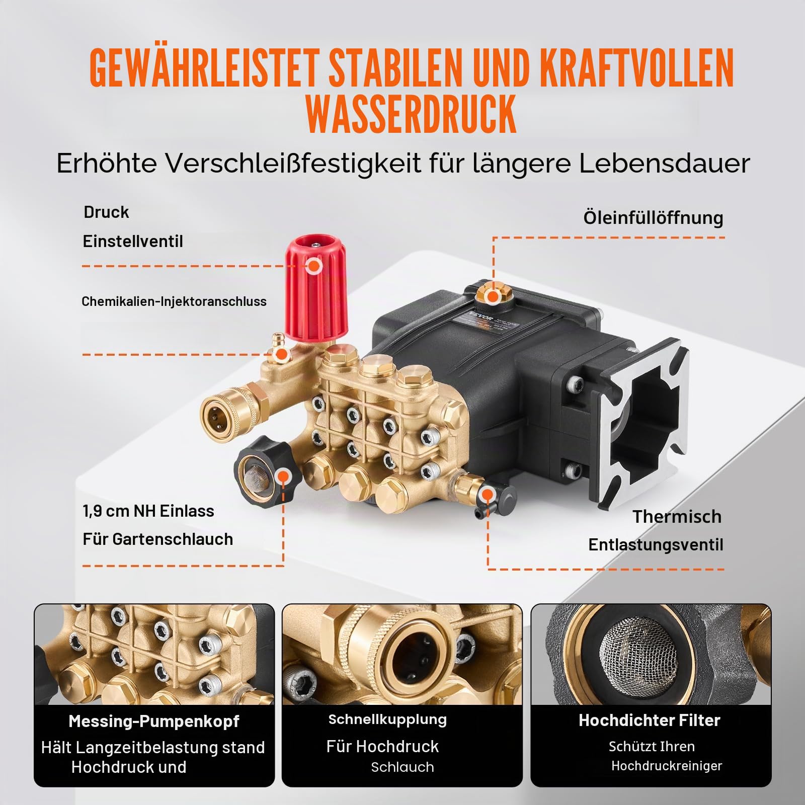VEVOR Hochdruckreinigerpumpe, 3/4-Zoll-Welle, horizontaler Triplex-Kolben, 3300 PSI, 2,5 GPM, Ersatz-Hochdruckreinigerpumpen-Set mit 5 Düsen, bis zu 500 Stunden Dauerbetrieb, Austauschpumpe
