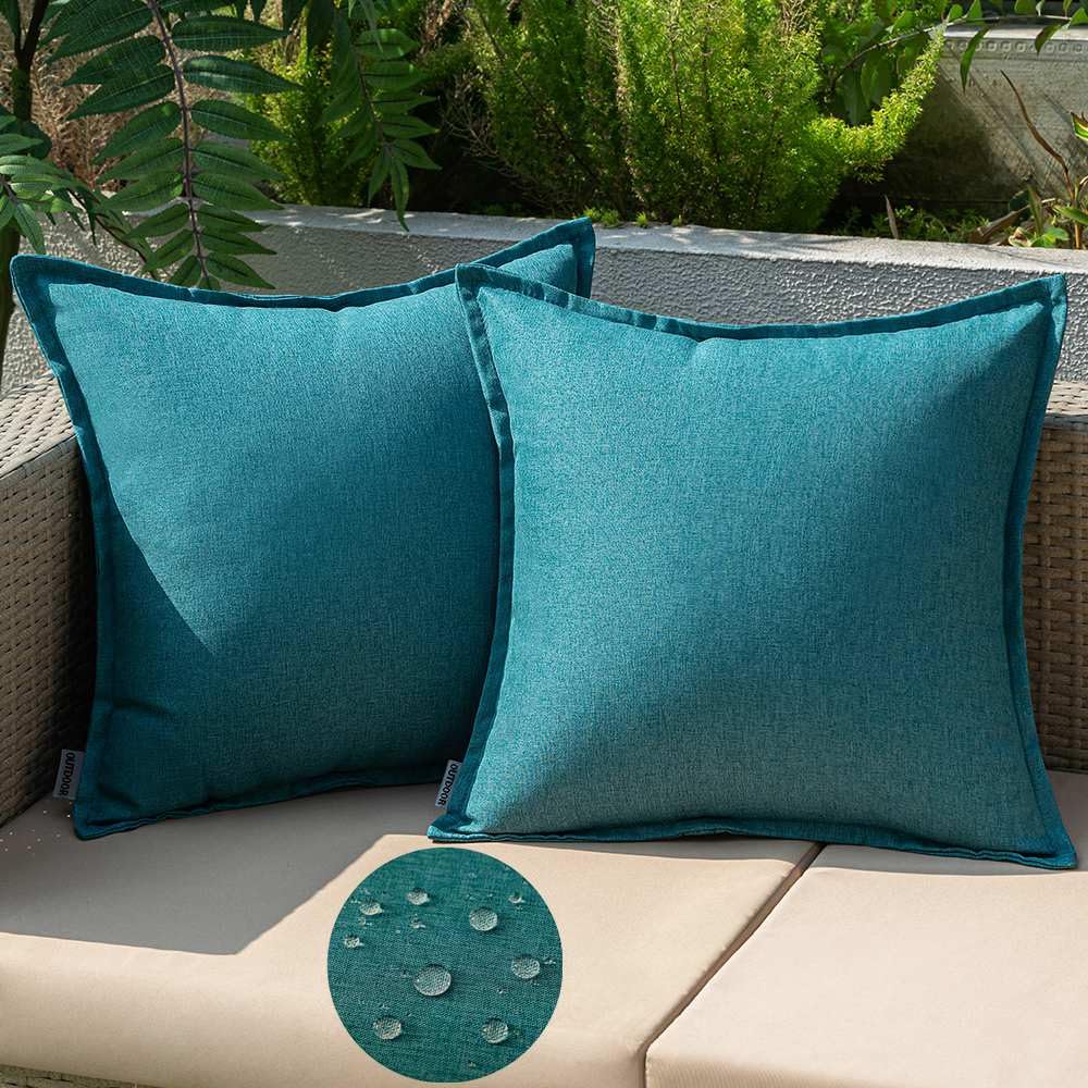 EMEMA Outdoor Kissen Wetterfest Kissenbezug Wasserfest Sofakissen Wasserdicht Dekokissen 50x50 cm Kissenbezüge Dekorativ Kissen Kissenhülle aus 2er Set für Garten Sofa Wohnzimmer Bett Pfauenblau