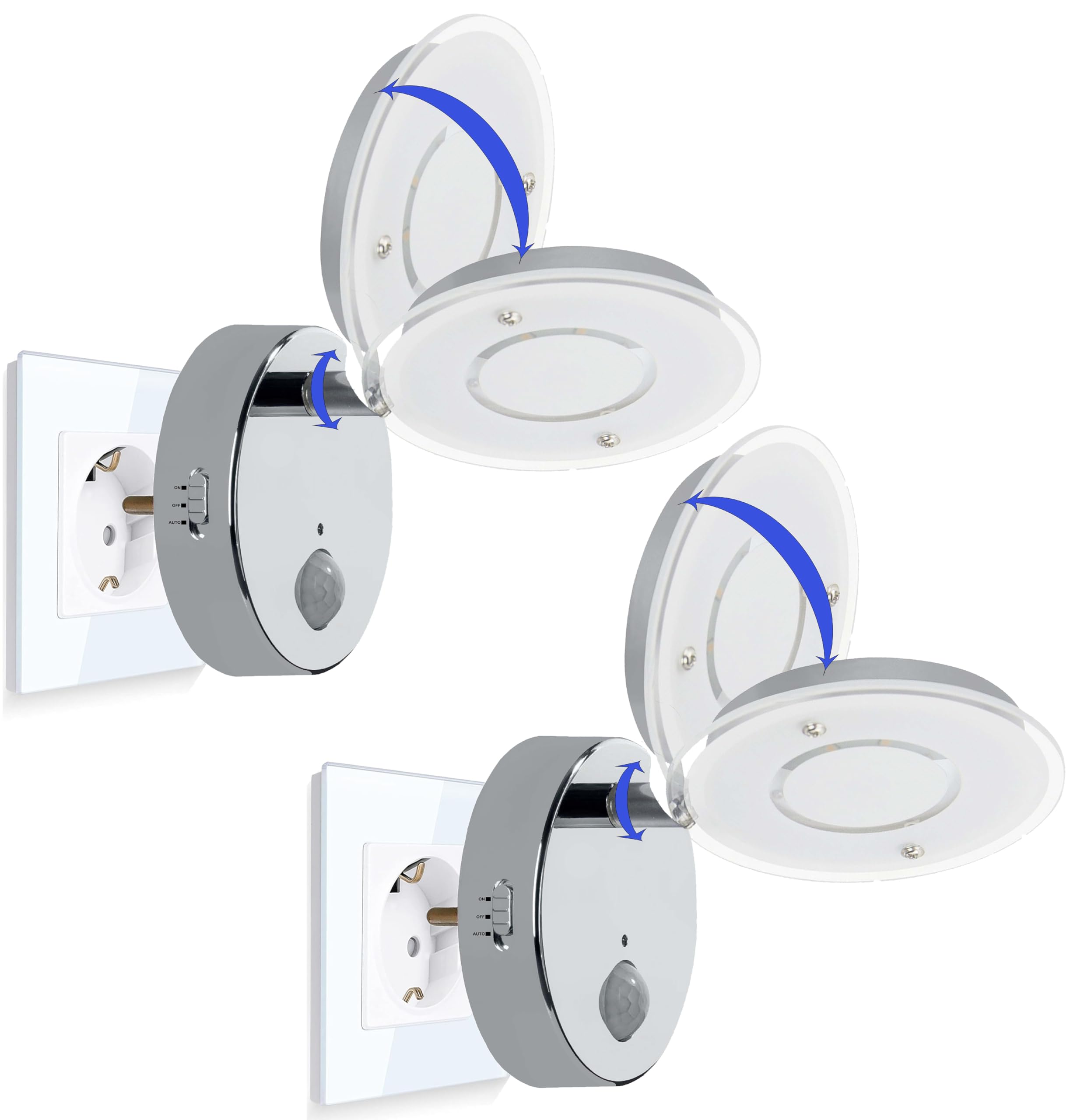 Trango 2er Pack 2636-028 LED Sensor Nachtlicht *NITE* in Chrom mit Automatikfunktion direkt 230V mit Bewegungssensor I Sicherheitslicht I Steckdose Lampe I Wandlampe I Orientierungslicht I Nachtlampe